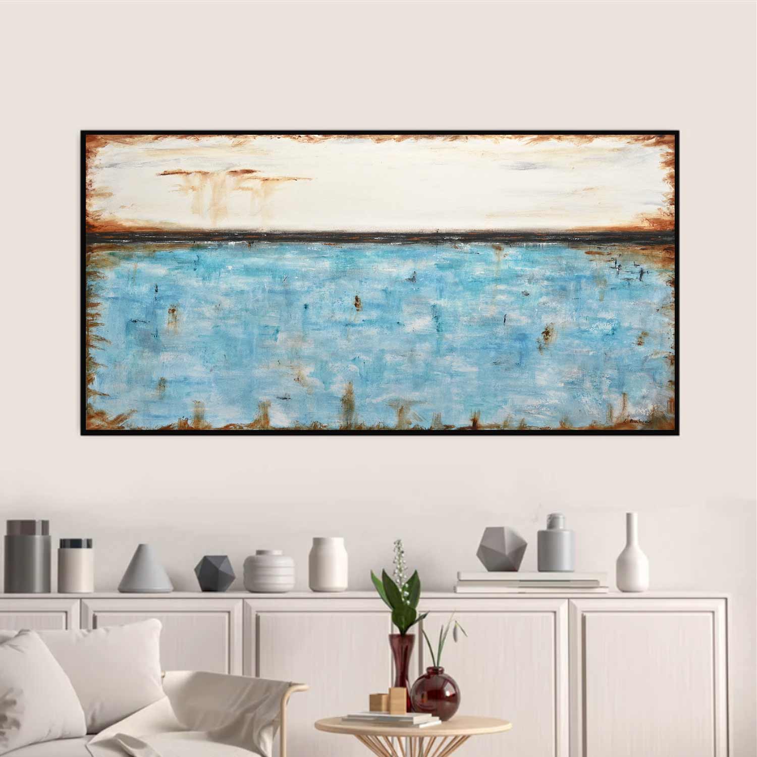 Blue Turquoise Wide Framed Abstract Painting Above Couch "Live Forever"