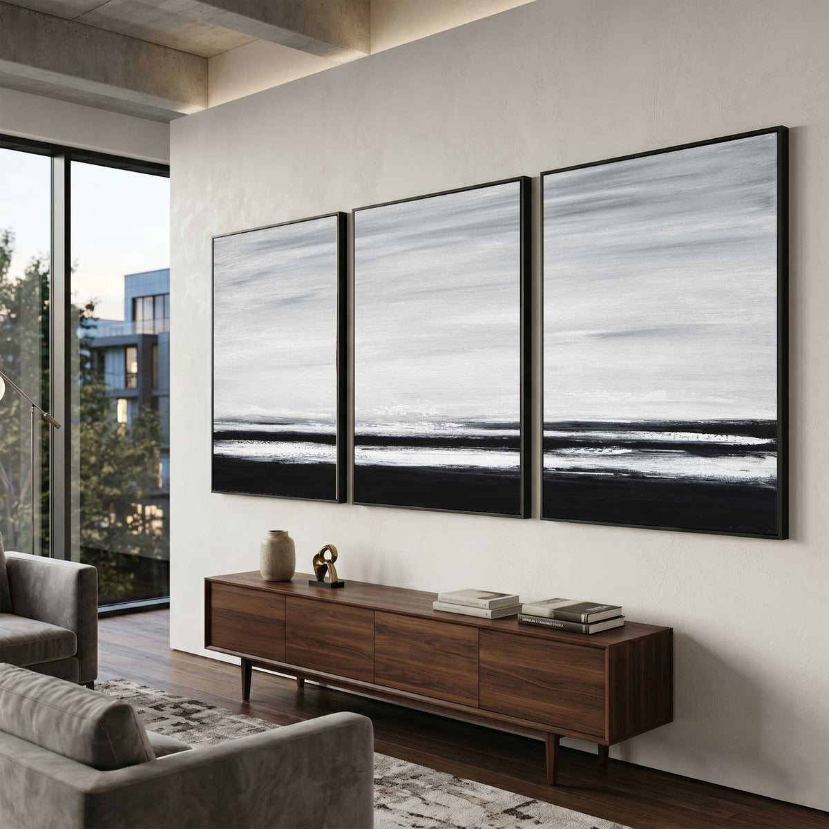 3 Piece Large Framed Artwork Monochrome Black White Interior Design