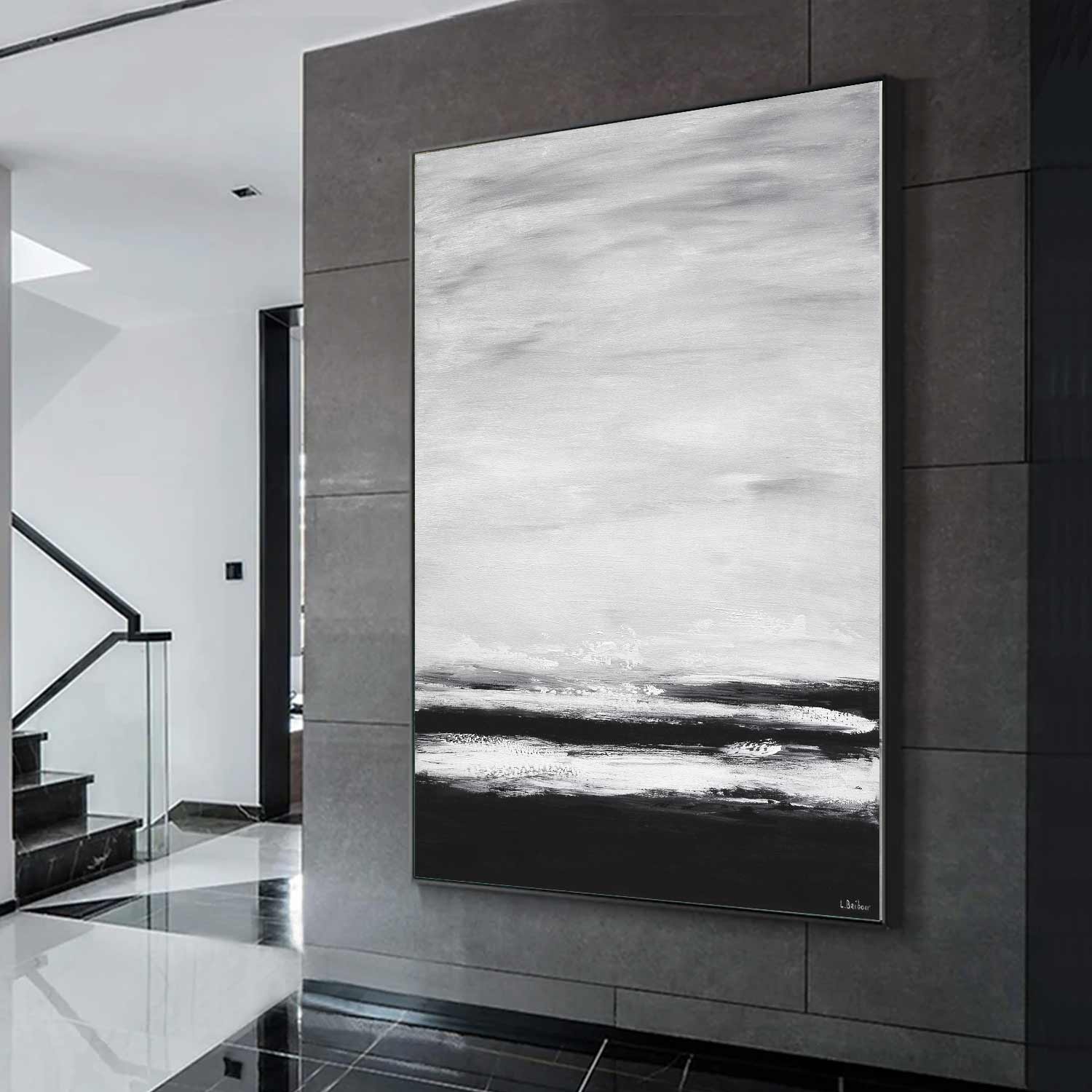 Abstract black and white painting on a modern wall