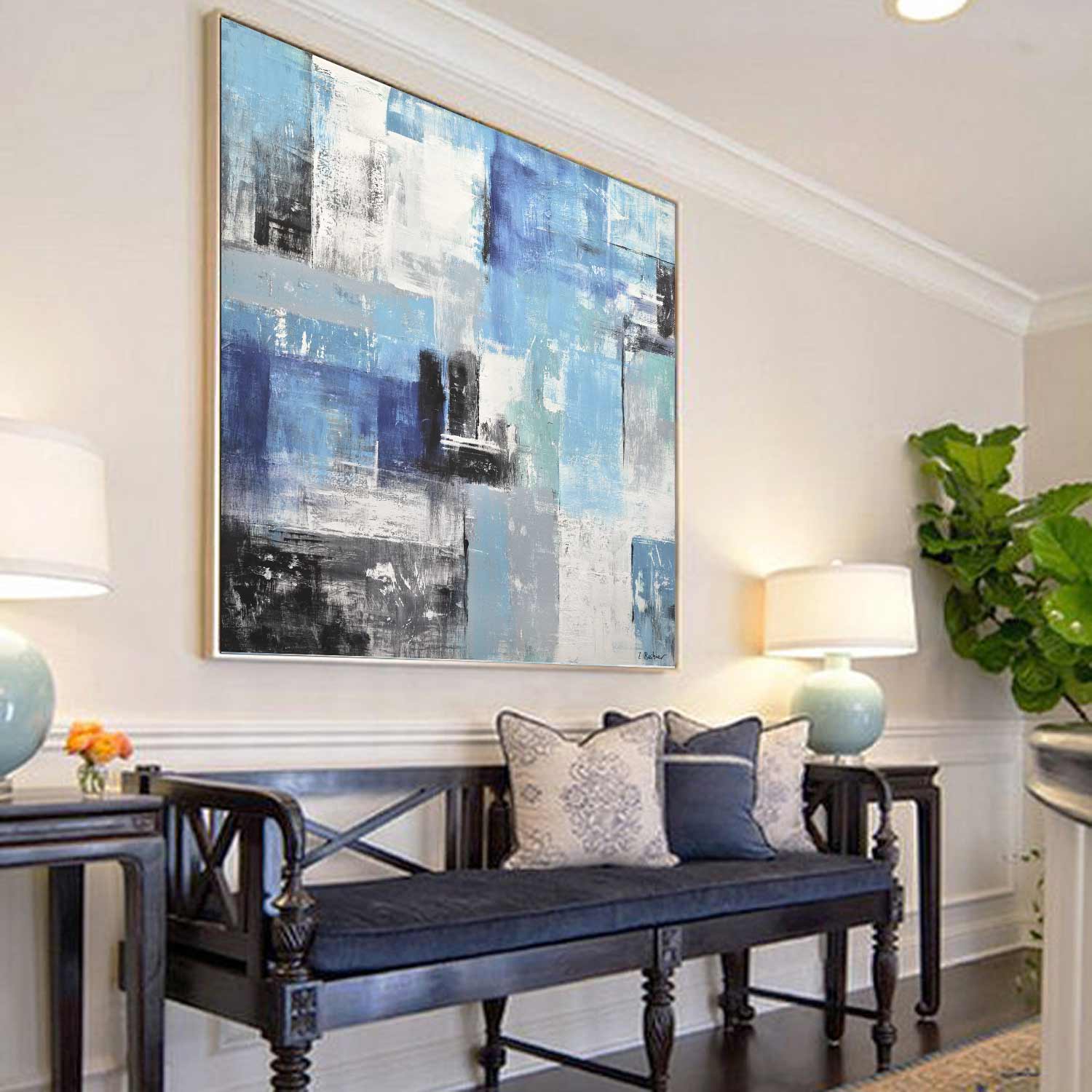 Geometry Big Artwork Home Decoration Painting Cyan Square Abstract