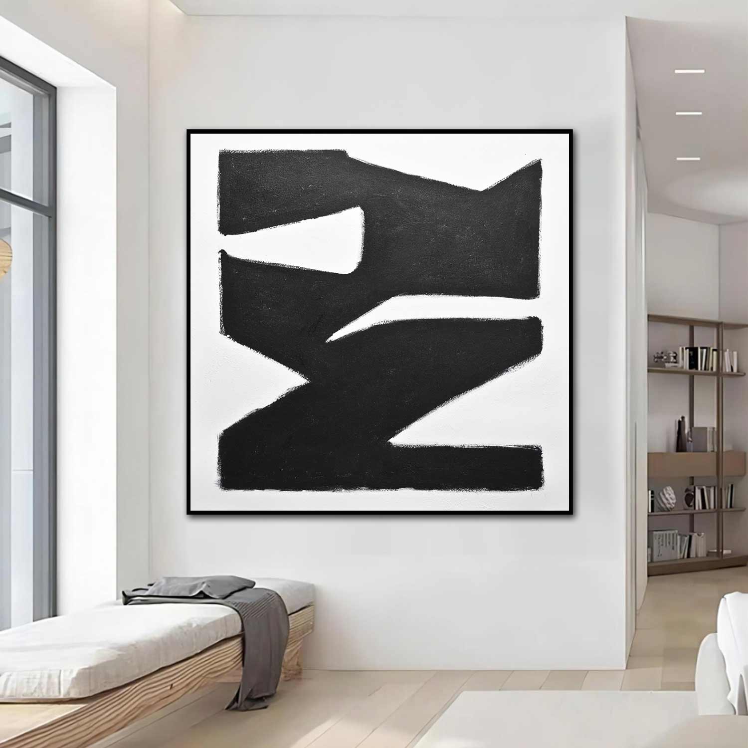 Mid Century Abstract Expressionism Art Painting Black White "City Block"