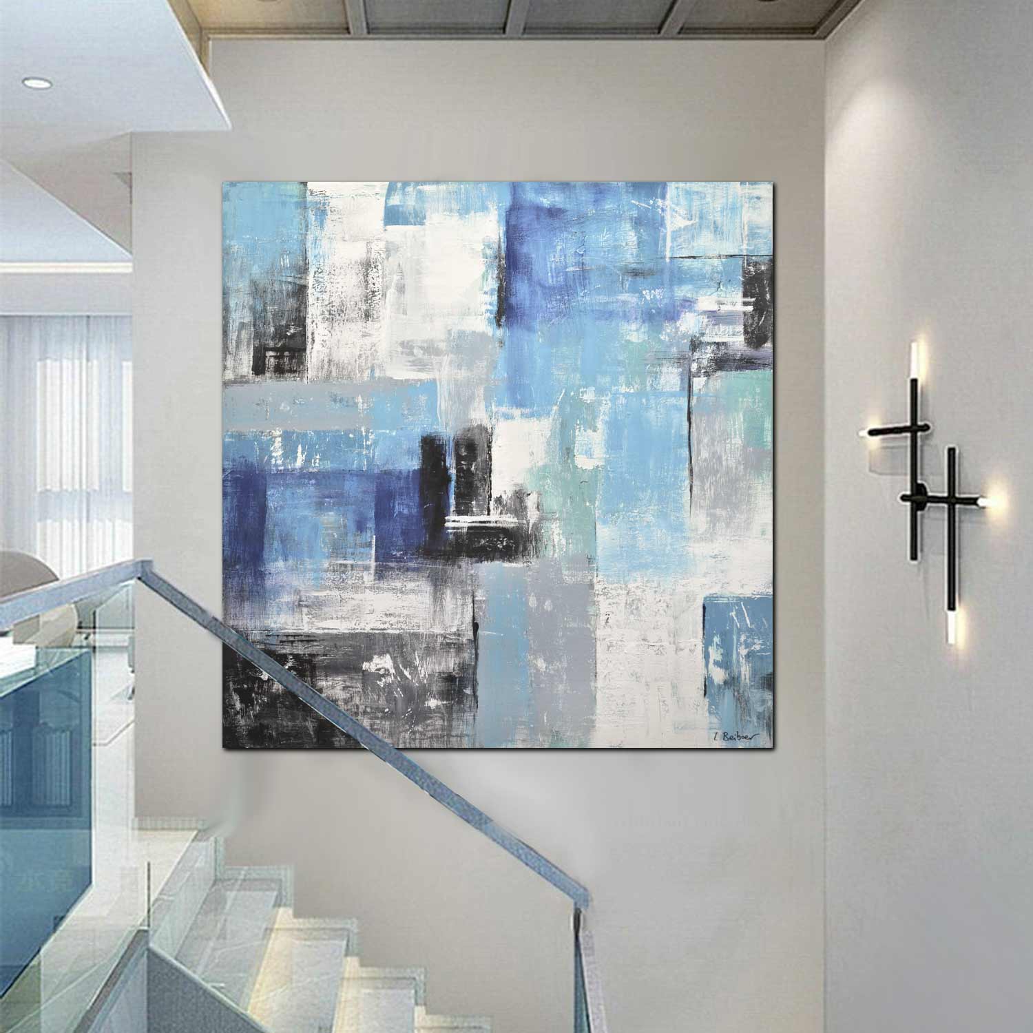 48x48 Geometry Big Artwork Home Decoration Painting Cyan Square Abstract