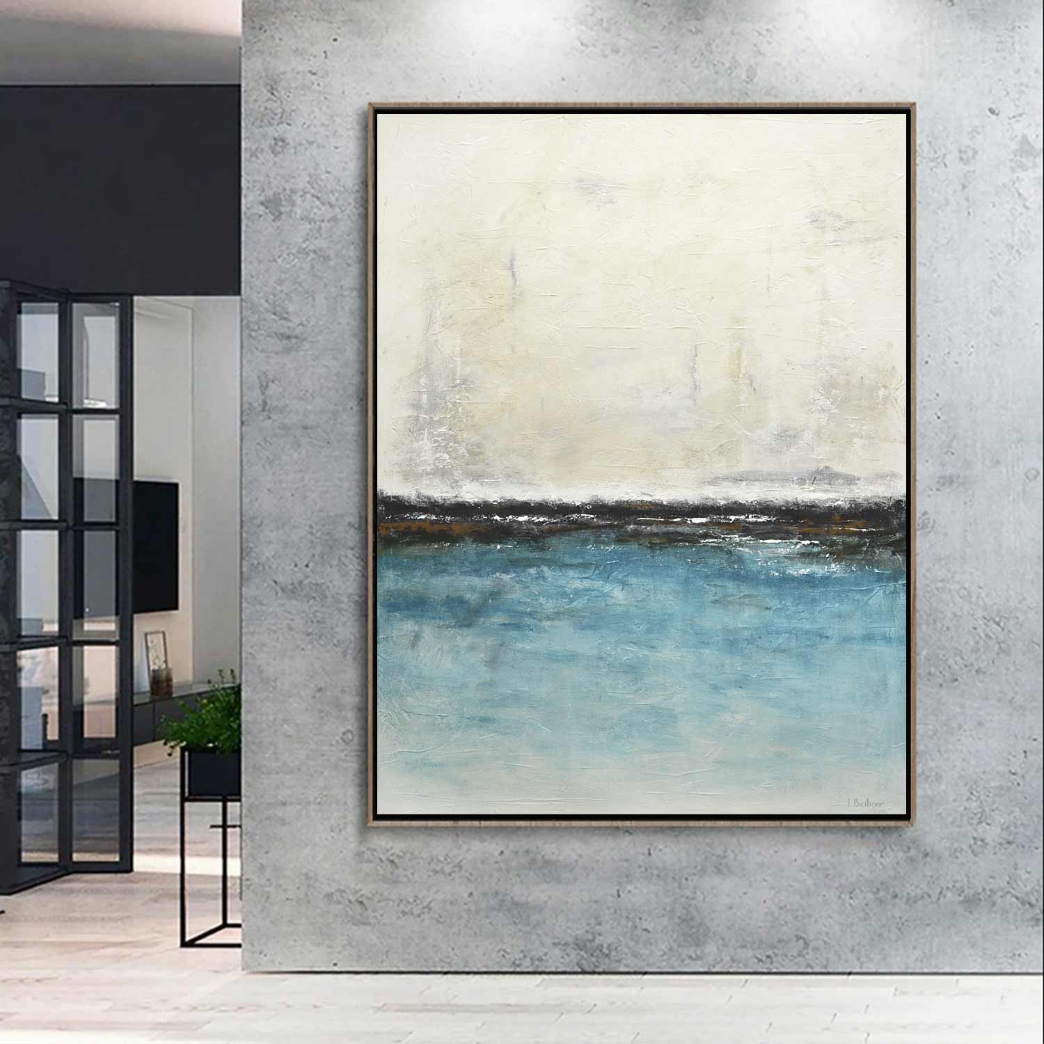 Abstract Coastal Scene Modern Painting On Canvas Blue Beige Textures