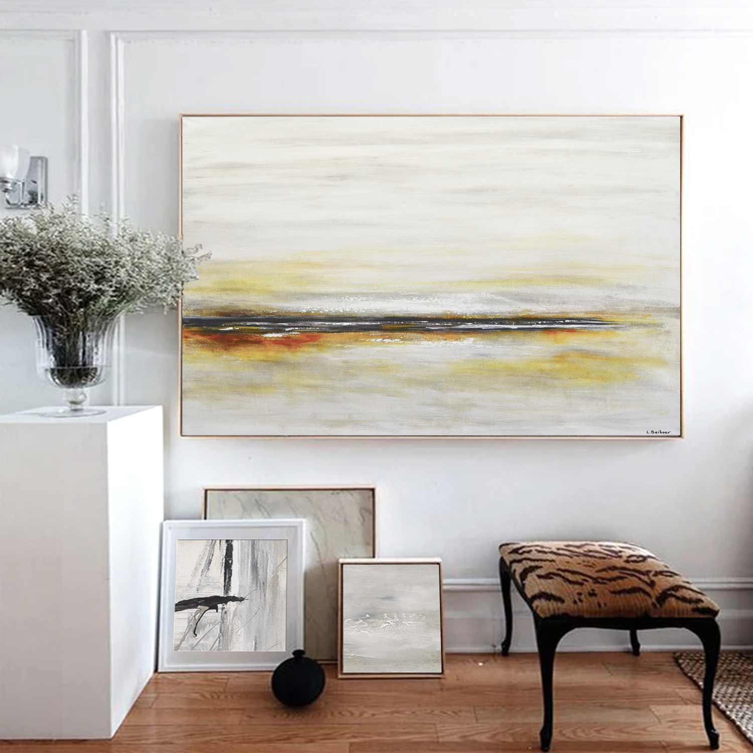 Beige Yellow Clean Light Minimal Painting Beach Scene Large Artwork