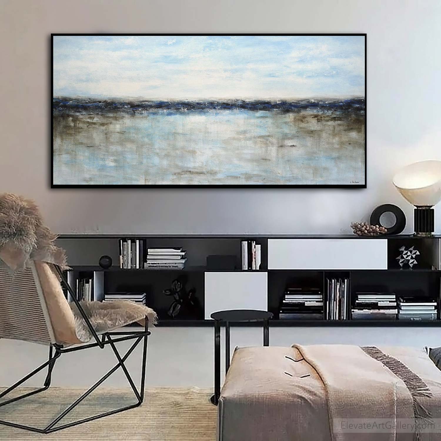 Blue Acrylic Landscape Artwork Above Couch Abstract Waterscape