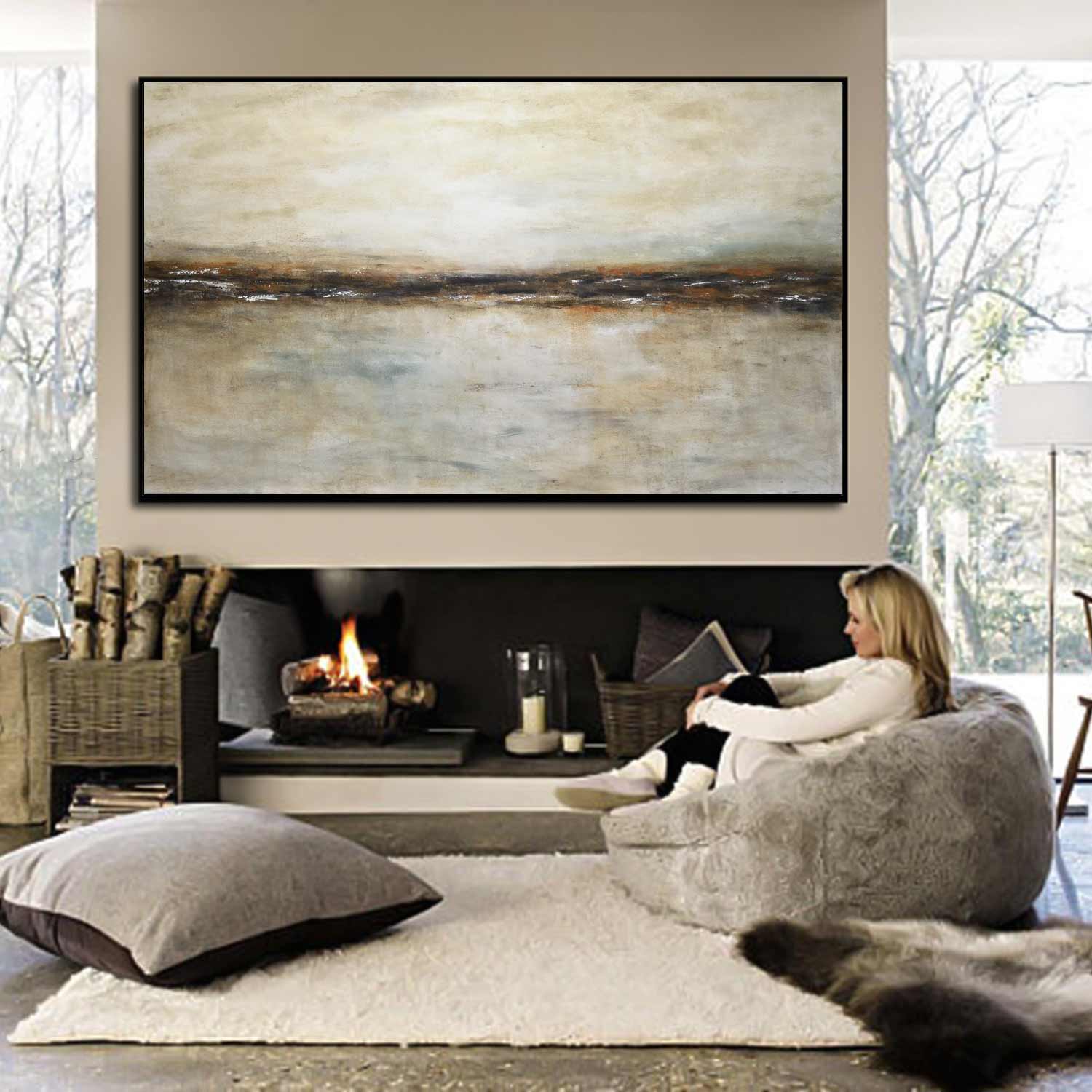 Brown Beige Earth Tones Seascape Painting For Bedroom Sea And Sky