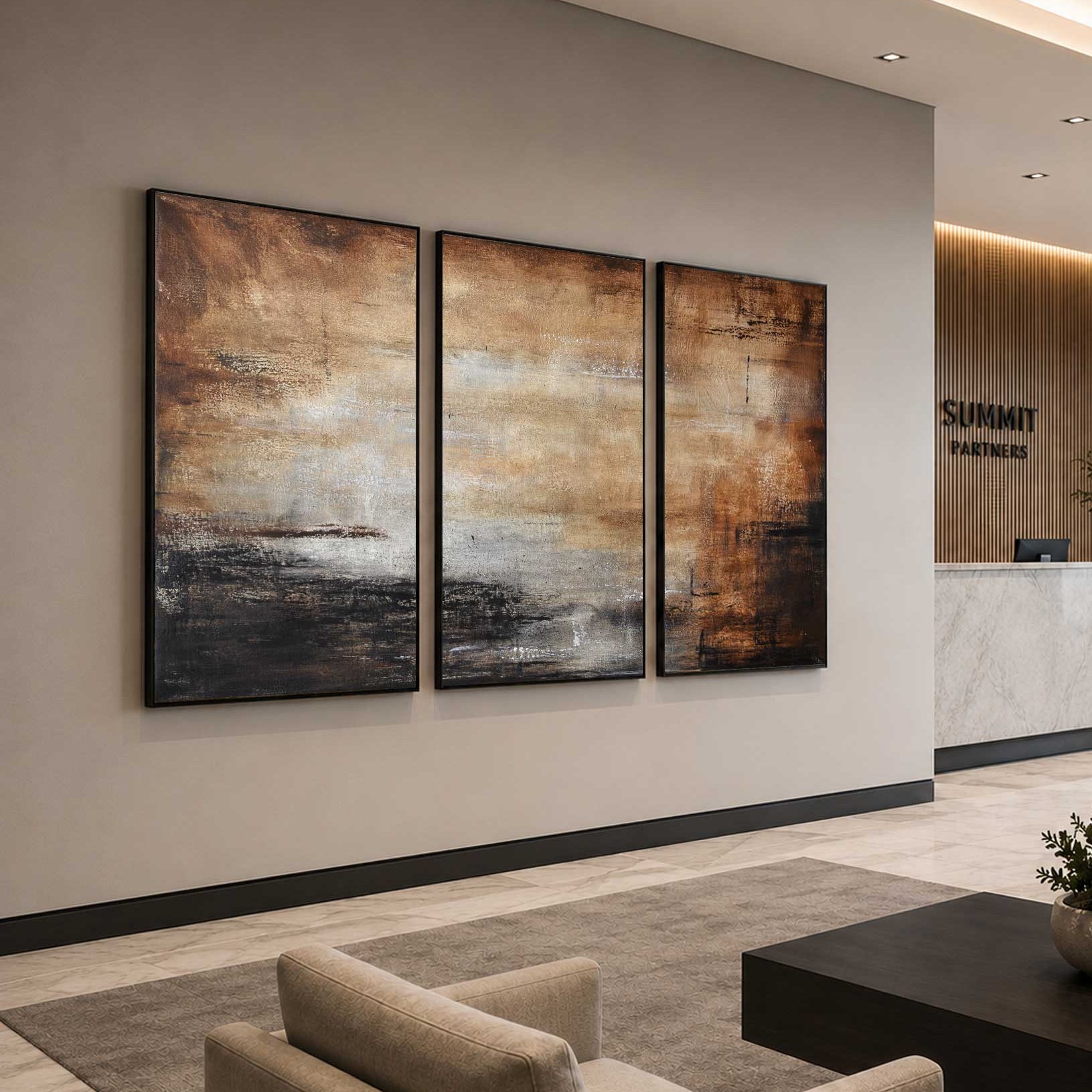Brown Triptych Paintings Office Art For Reception Conference Room