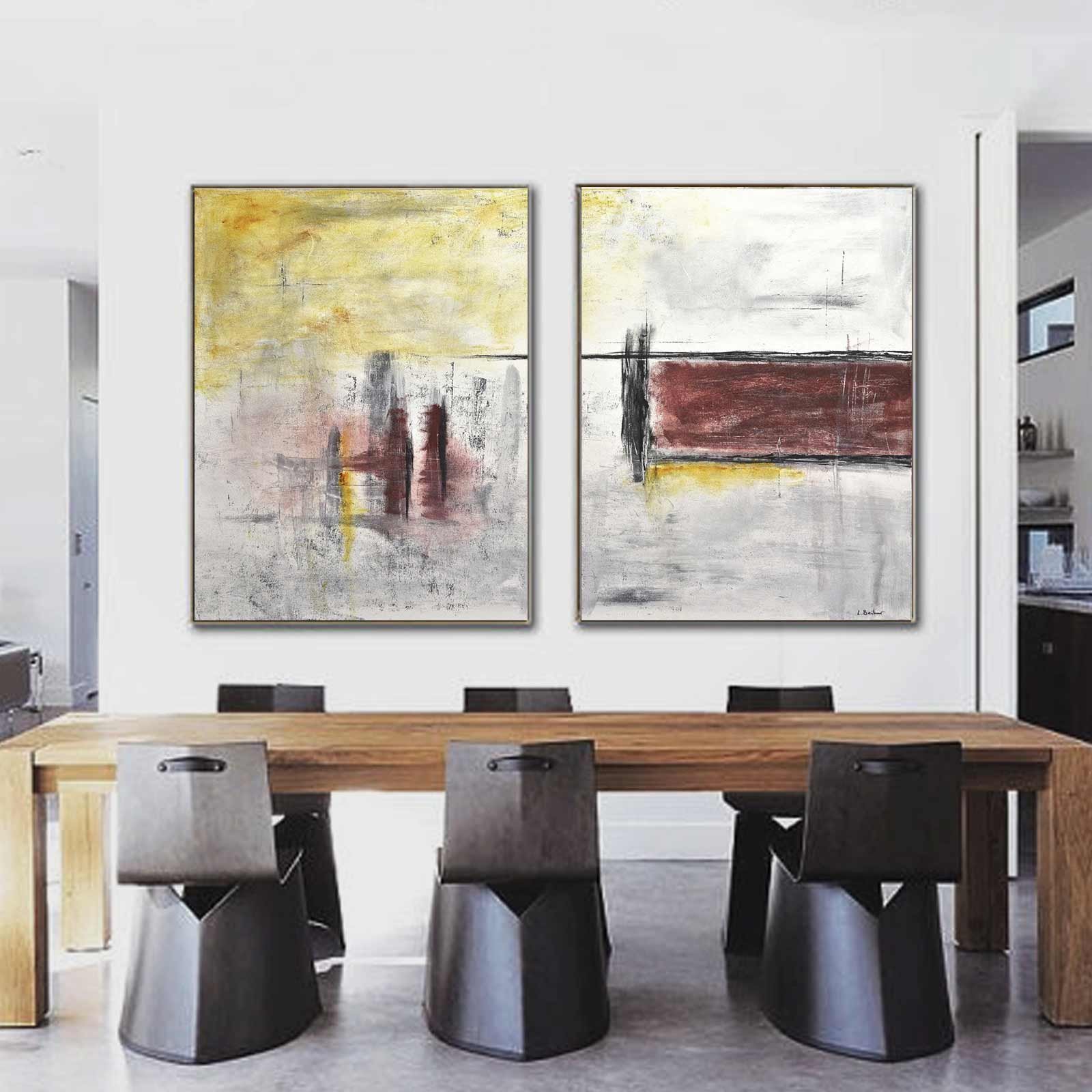 Contemporary Abstract Set of Two Canvas Red Yellow