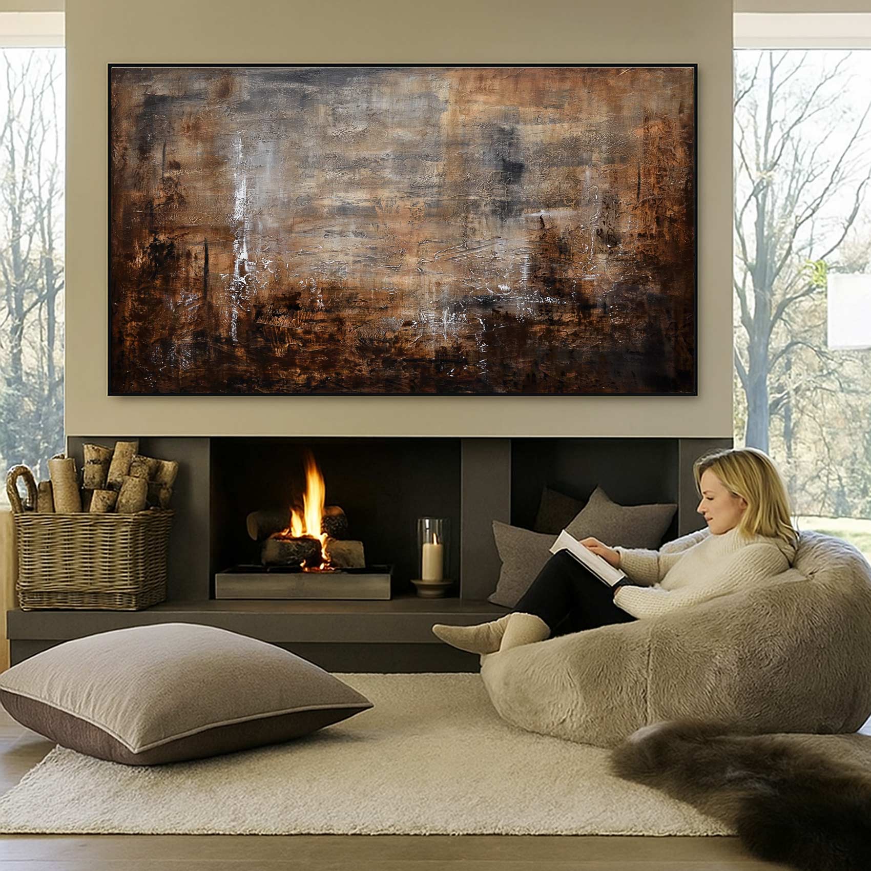 Contemporary Brown Original Abstract Art Design Above Couch