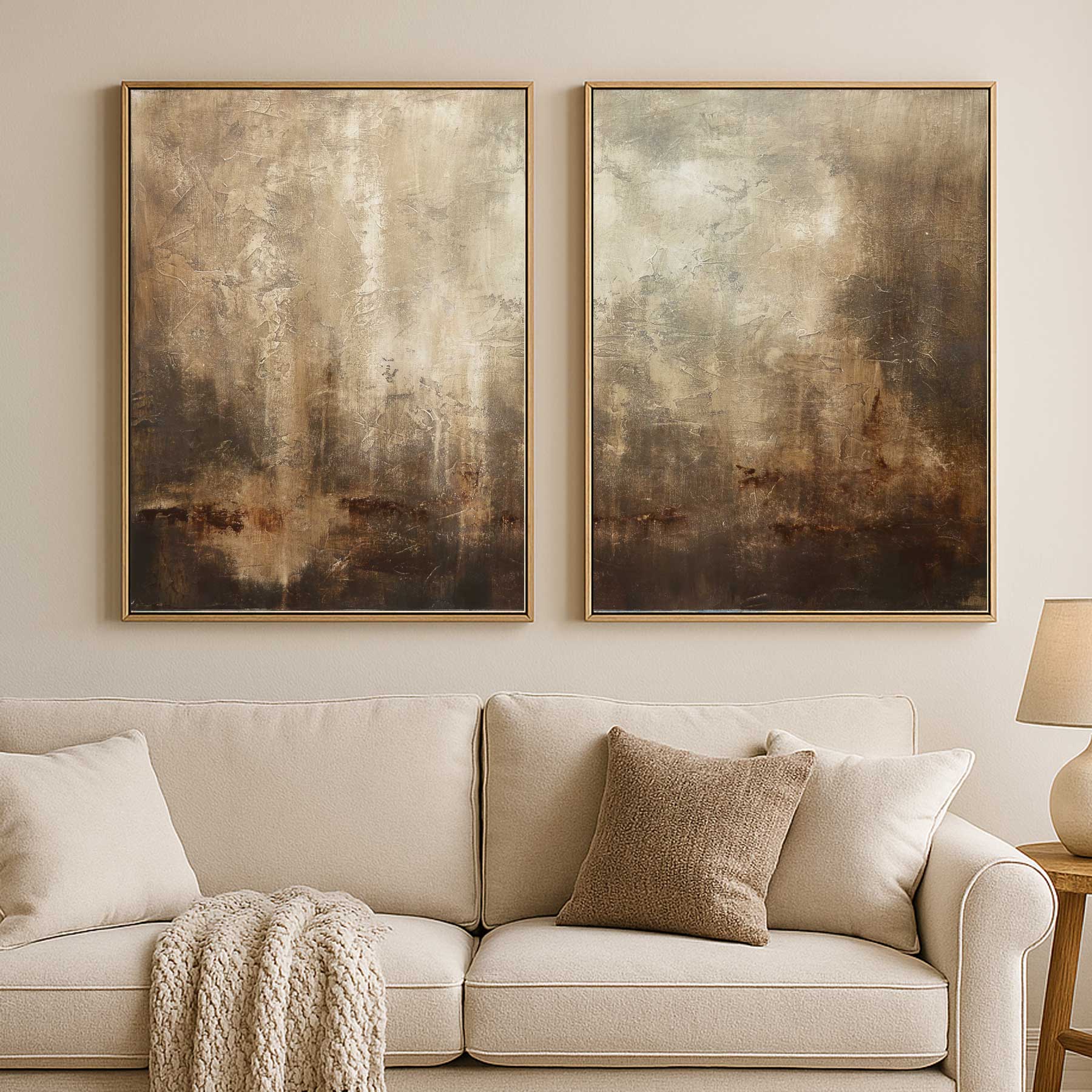 Contemporary Hand Painted Art On Canvas 2 Piece Brown Beige