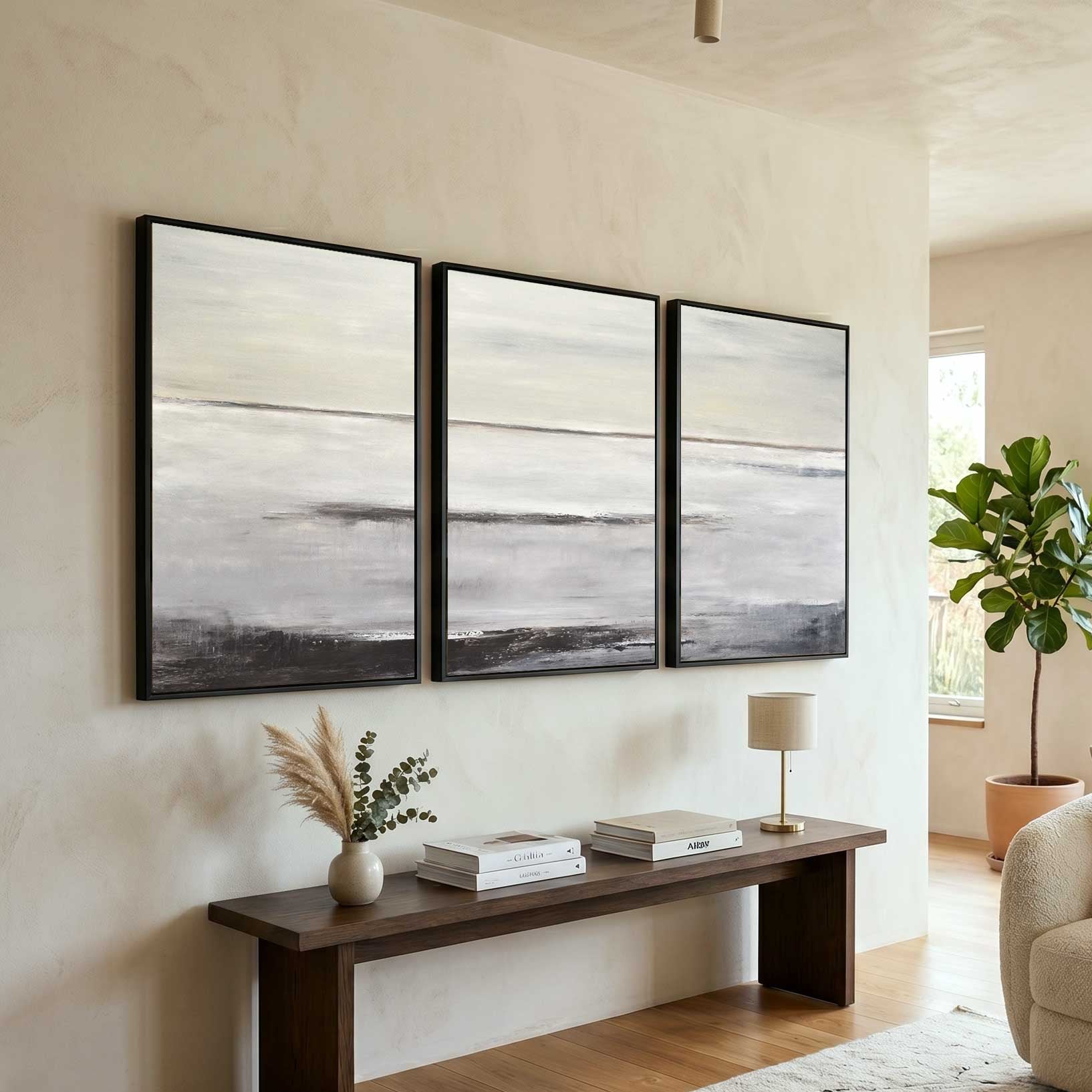 Contemporary Oversized Office Painting Set Of 3 Brown Beige Art