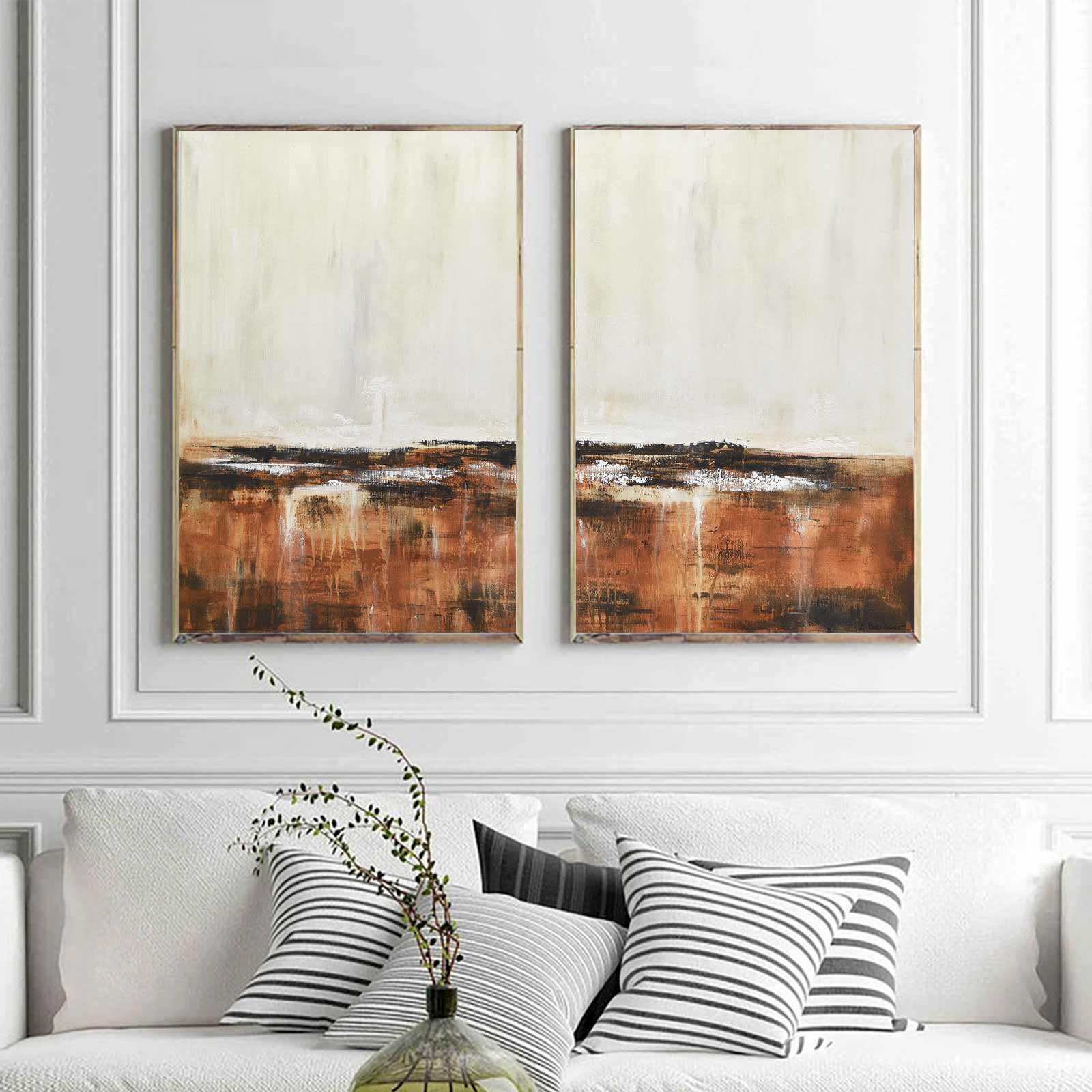 Contemporary Painting Hand Painted Two Panel Beige Brown