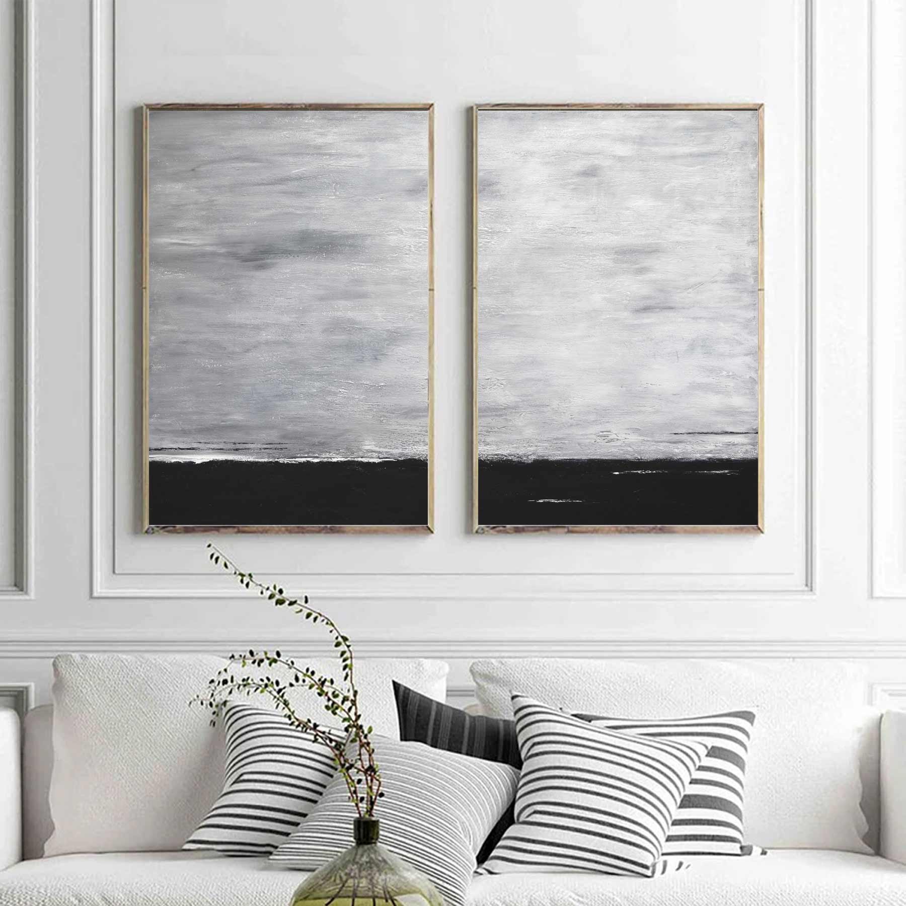 Double Piece Modern Paintings Black White Hand Painted Art