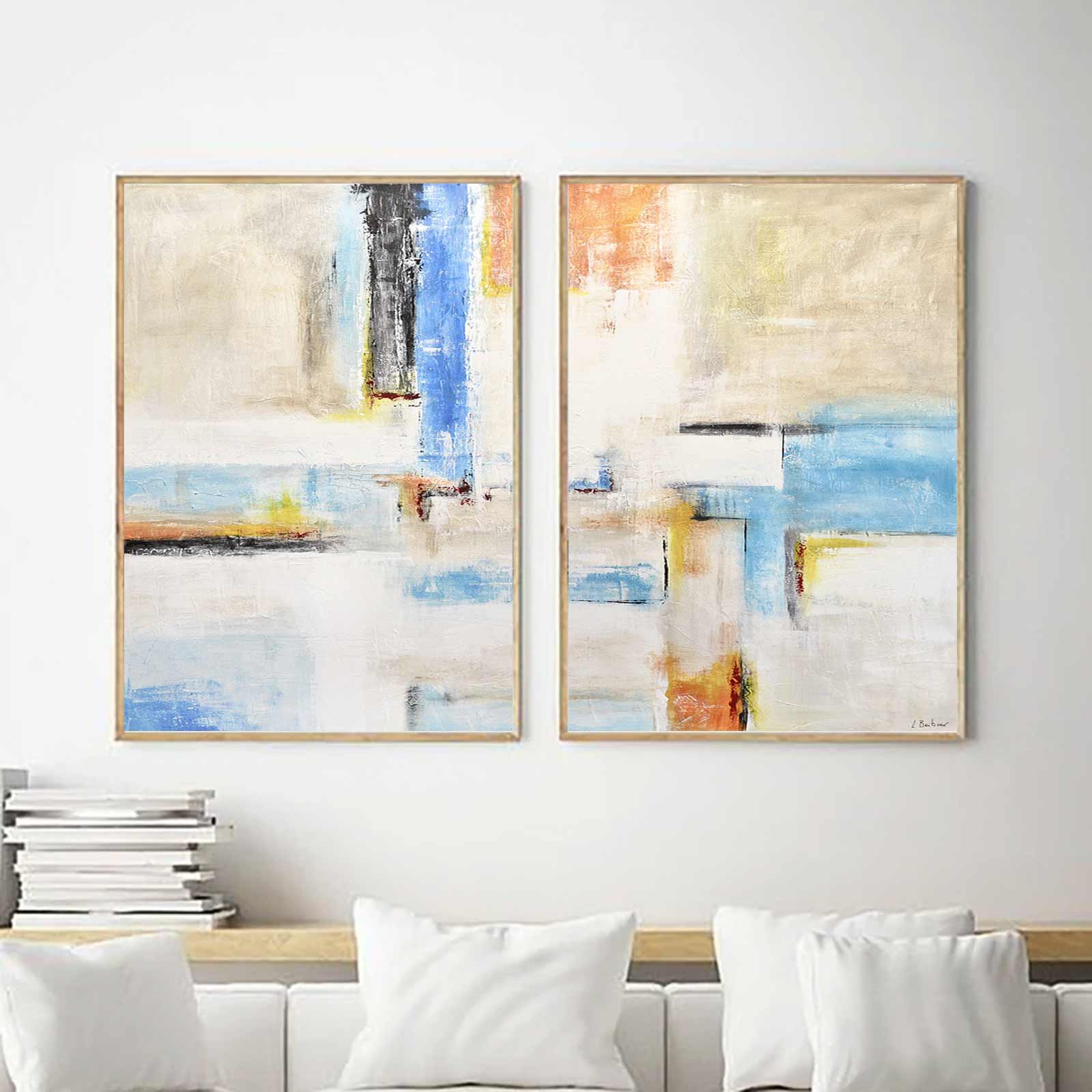 Duo Of Paintings Modern Abstract Above Couch Colorful Art