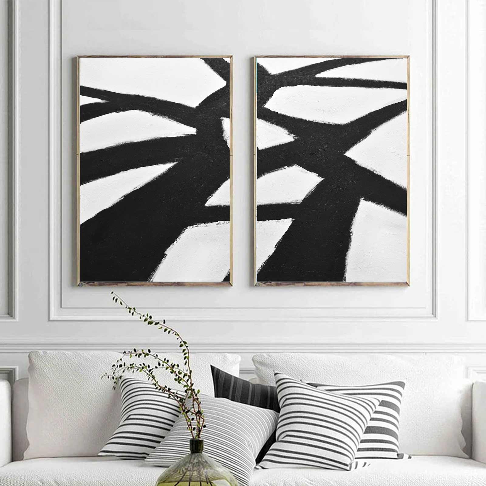 Geometric Double Piece Black White Acrylic Painting Art