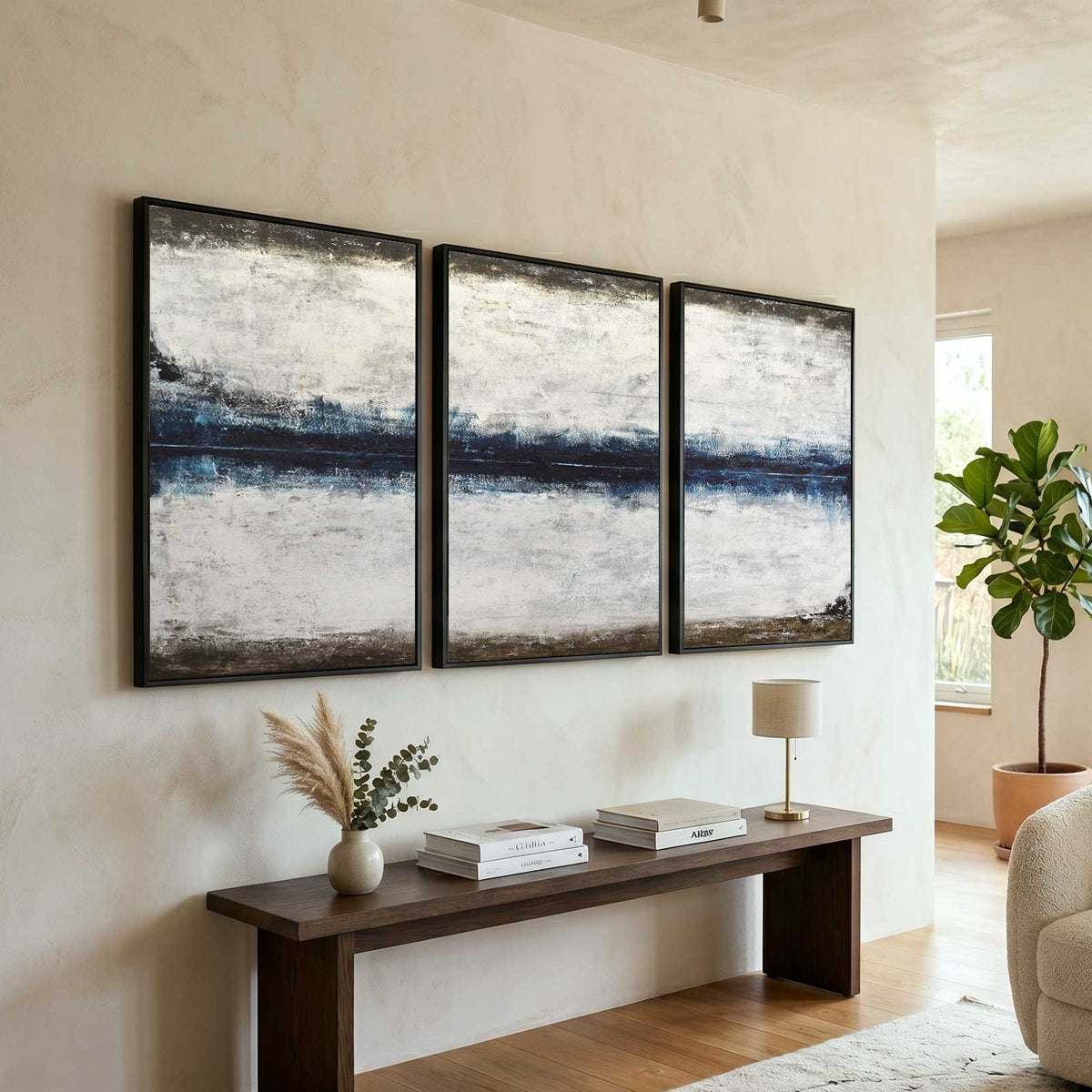 Hand Painted Oversized Abstracts 3 Panel Framed Oil Paintings
