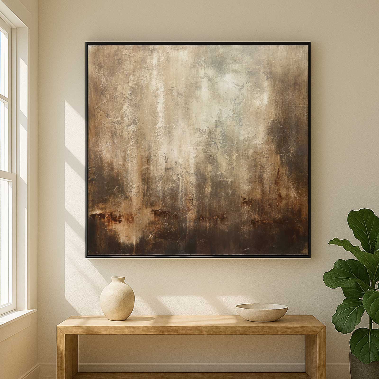 Large Brown Painting Square Textured Wabi Sabi Abstract Framed Art