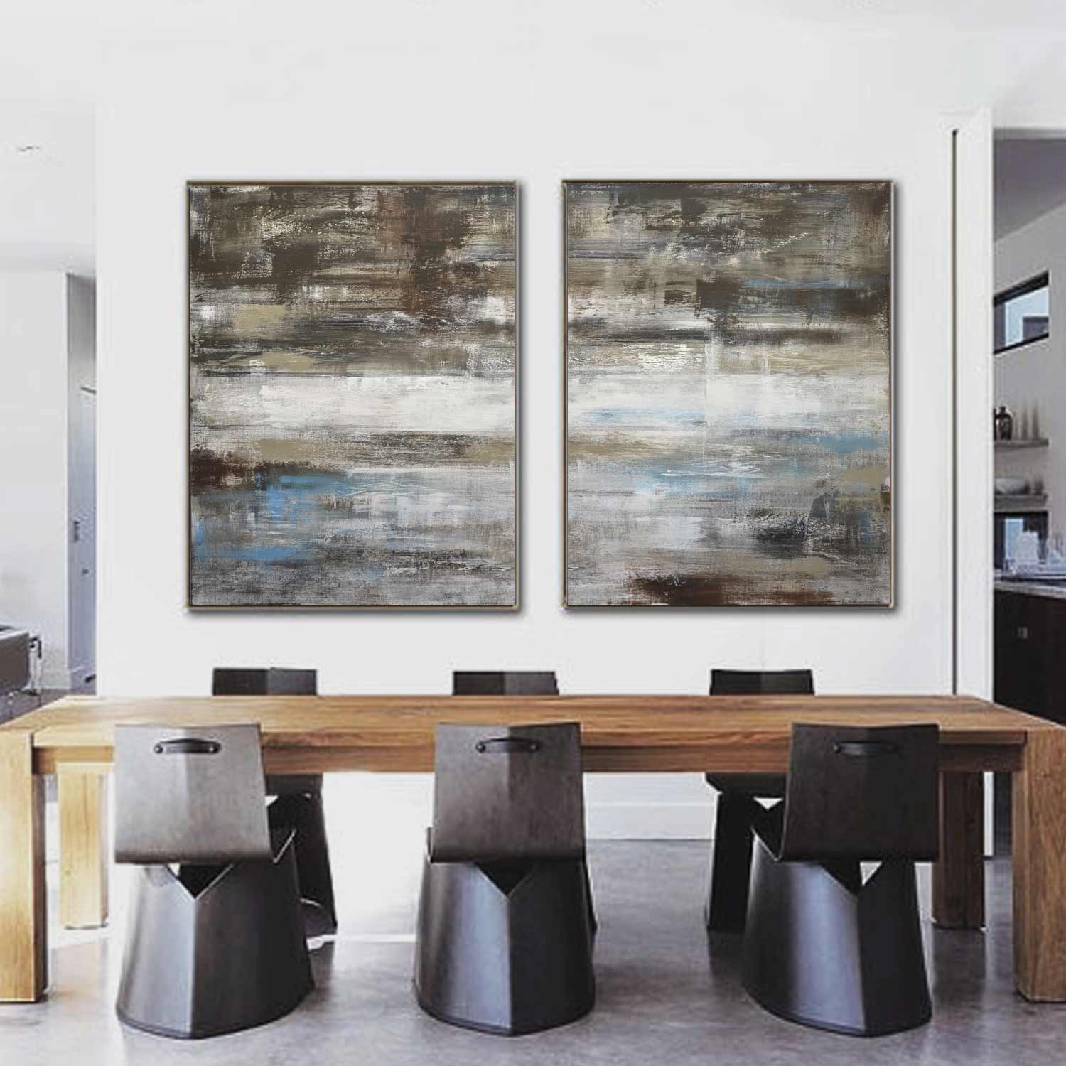Multi Panel Brown Abstract Set Of 2 Paintings For Hotel Lobby
