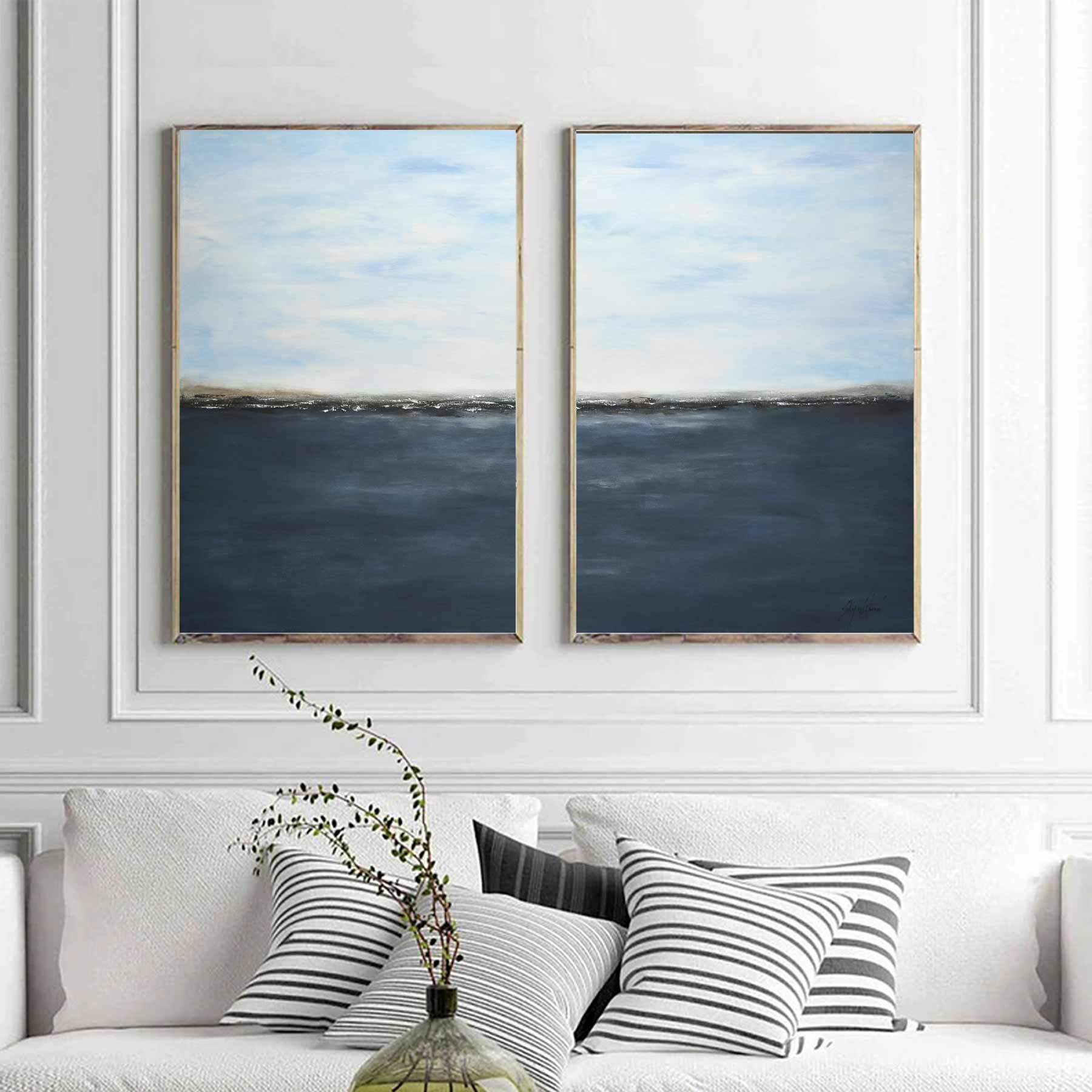 Ocean Scene Painting Two Panel Blue Decor Centerpiece