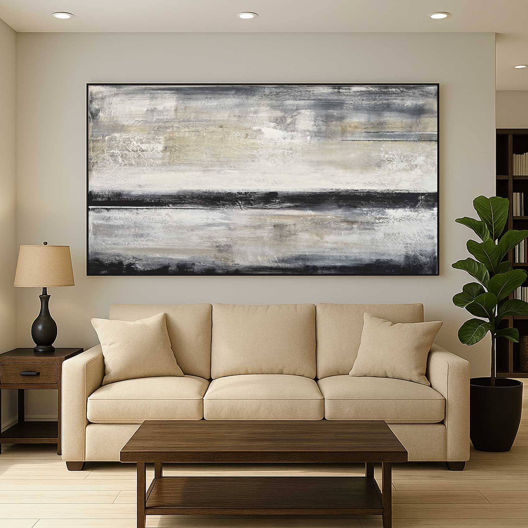 Panorama Framed Abstract Beige Gray Art Line Horizon