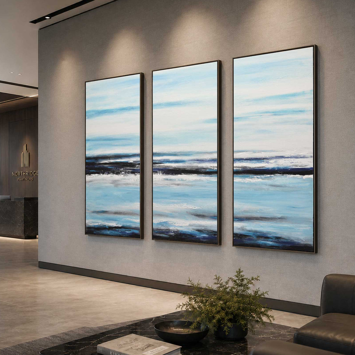 Set Of 3 Original Blue White Coastal Paintings For Office Space
