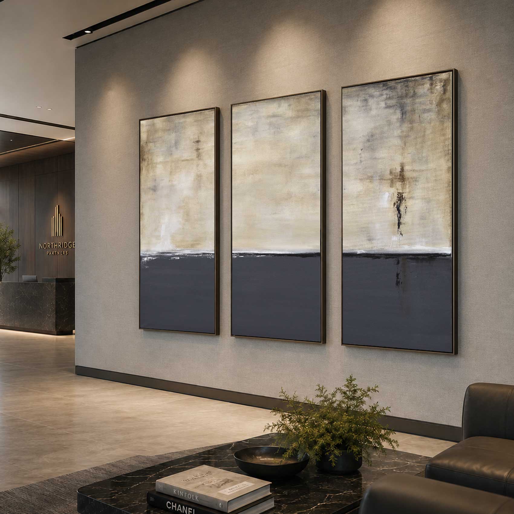 Set of Three Paintings For Office Framed Triptych Art Gray Beige