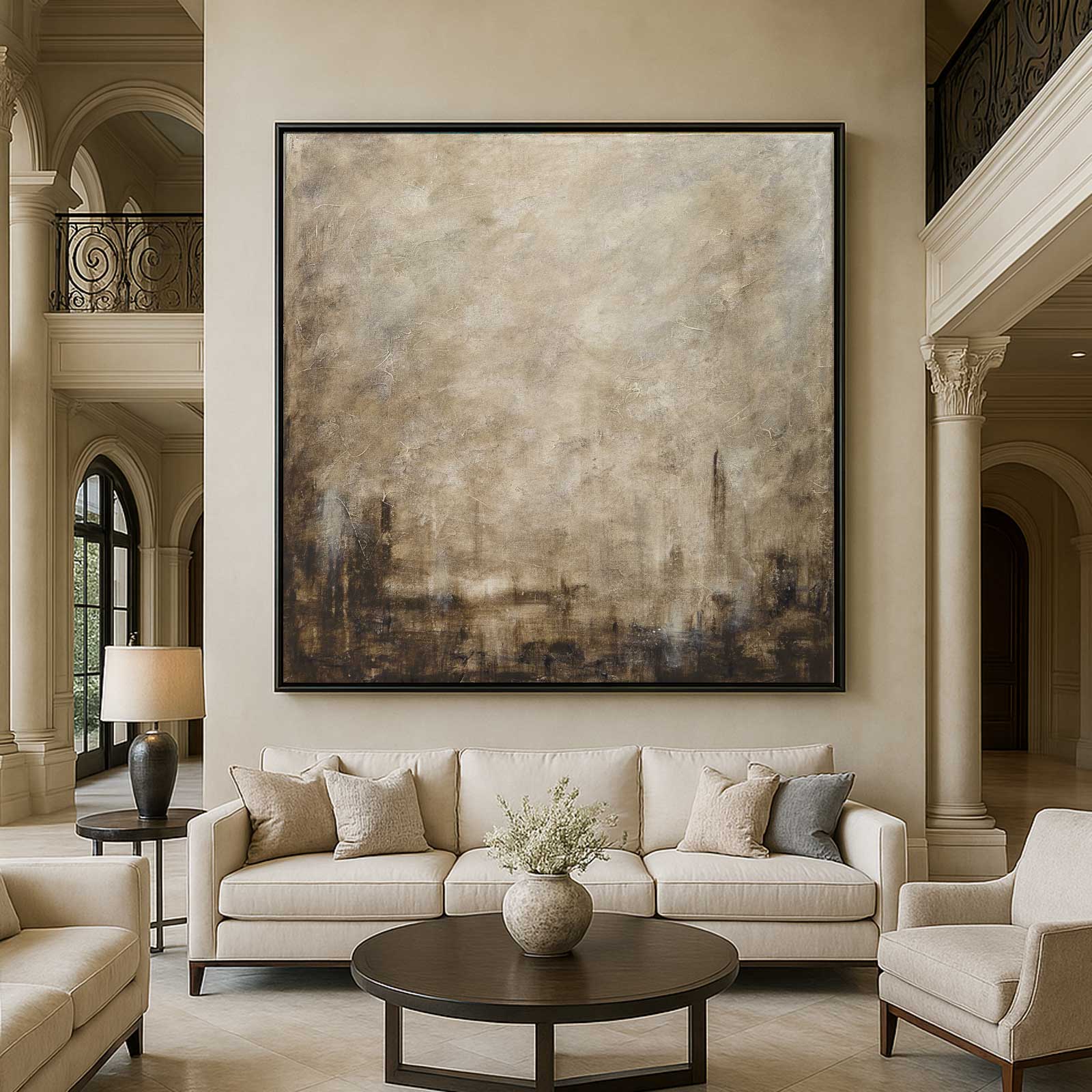 Square Textured Brown Beige Framed Abstract Painting Room Decor