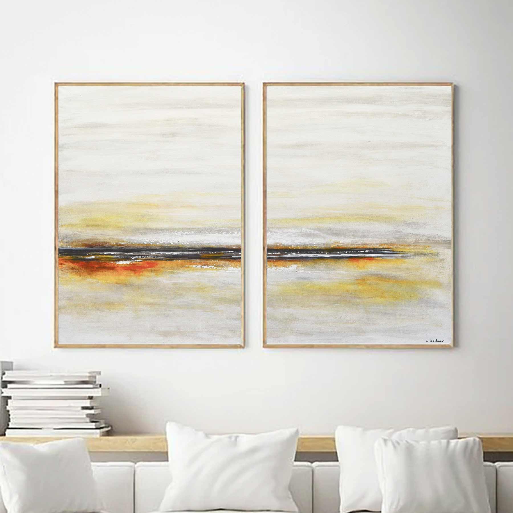 Sunset Painting Light Coastal Art Diptych Yellow Sand