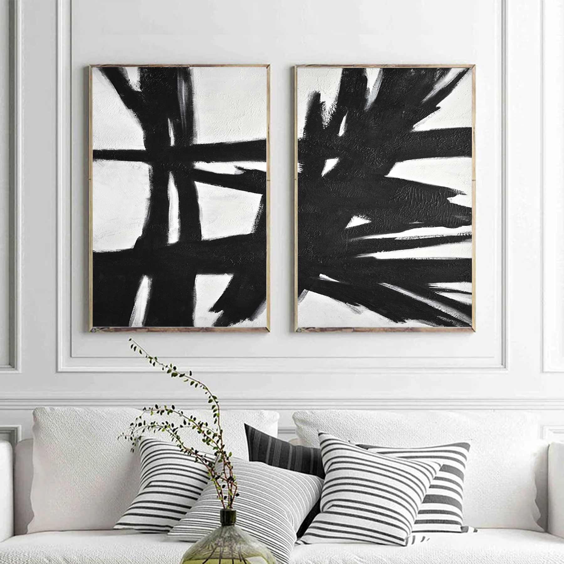 Two Piece Black and White Framed Abstract Paintings