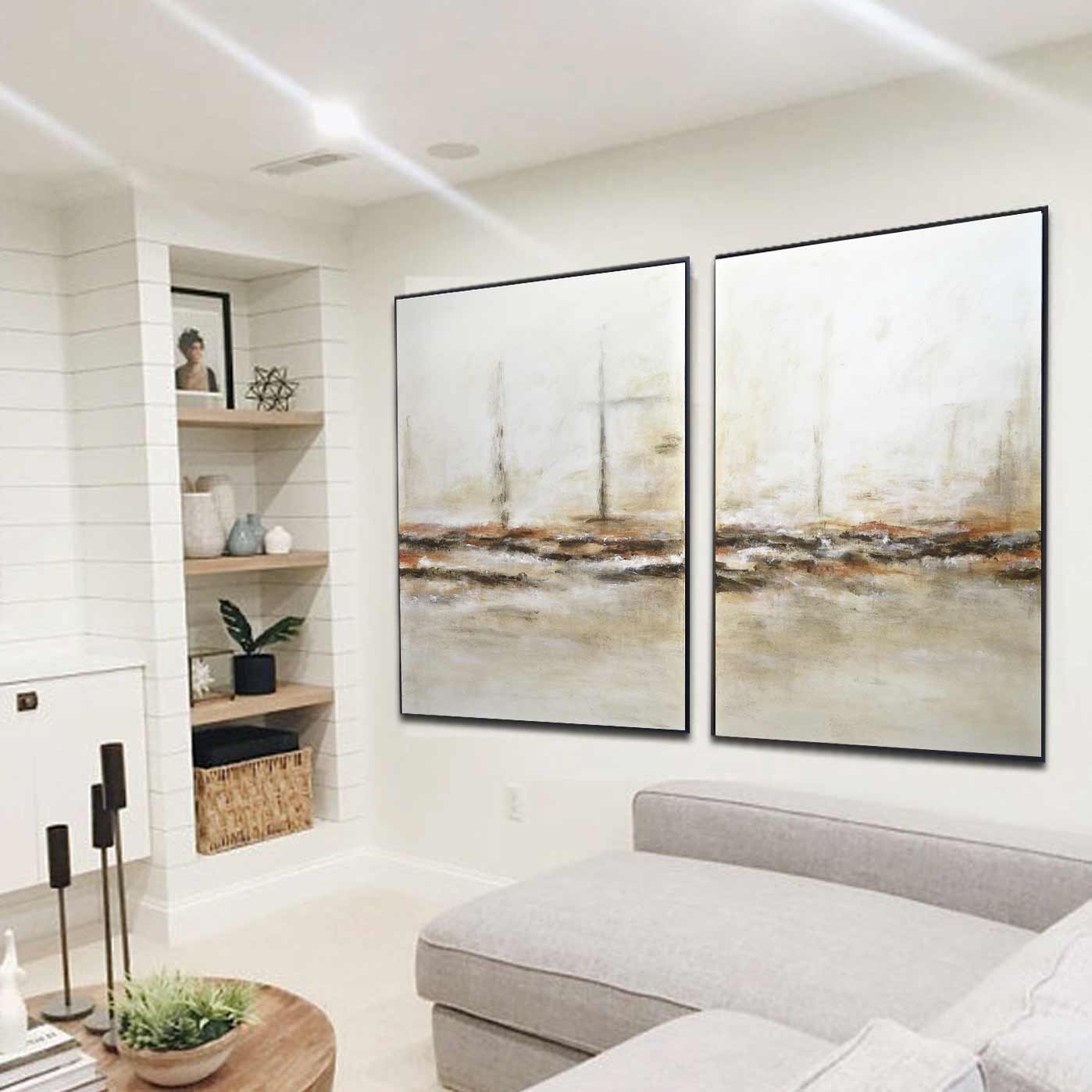 Two Piece Light Tones Abstract Paintings For Office Set Of 2