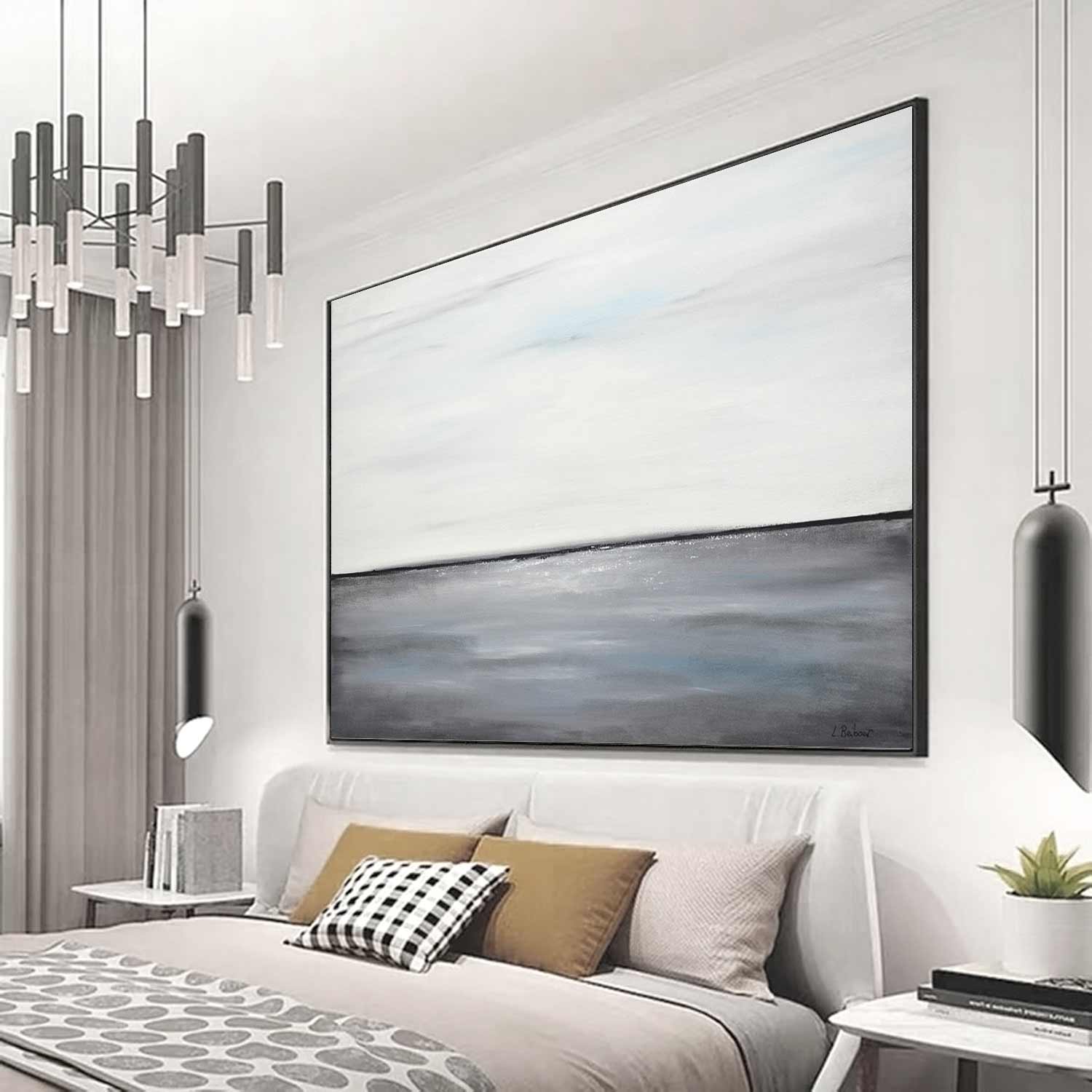 White Gray Hand Painted Very Large Wall Art Simple Seascape Art Style