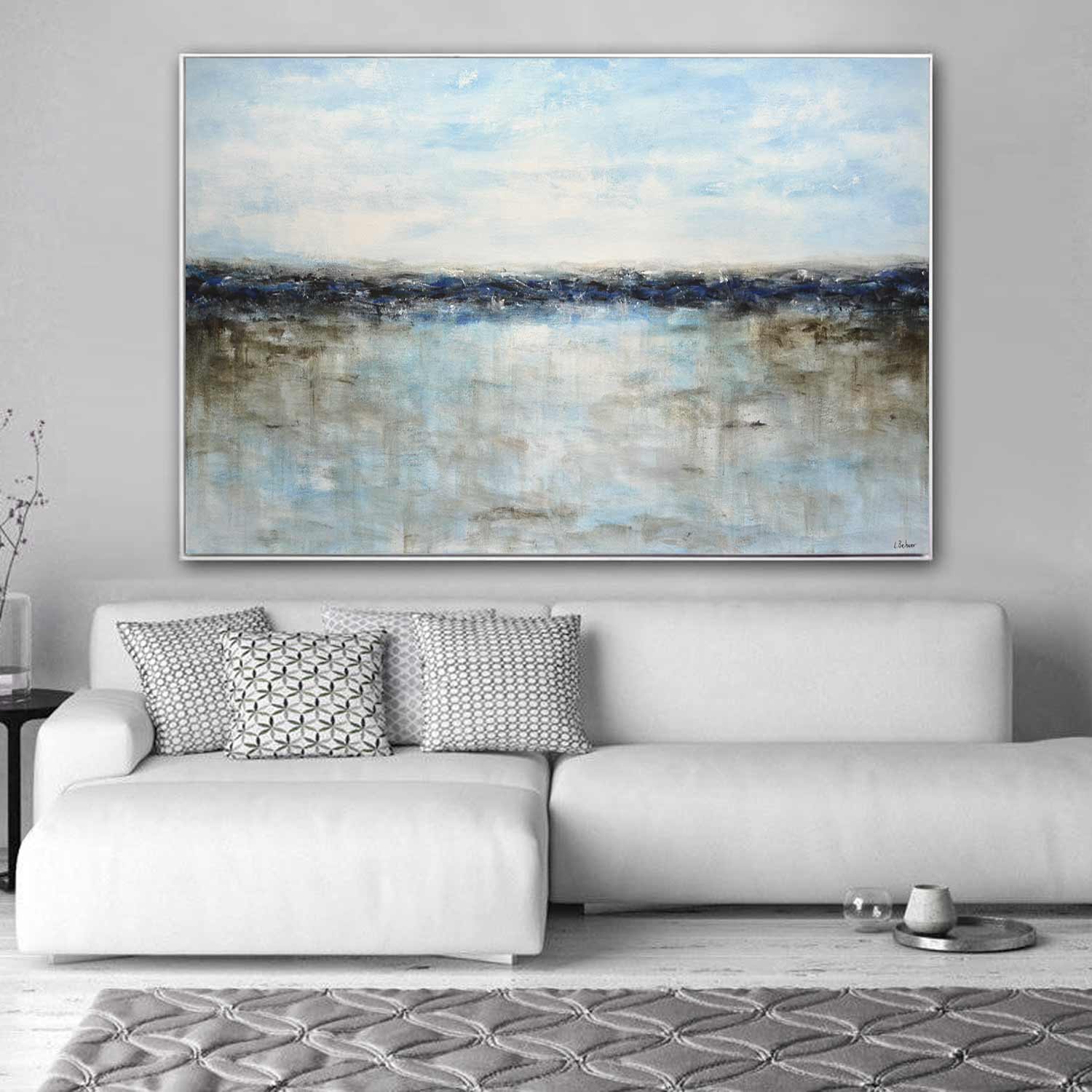 Wood Framed Waterscape Painting Blue Unique Wall Art Blue Coastal