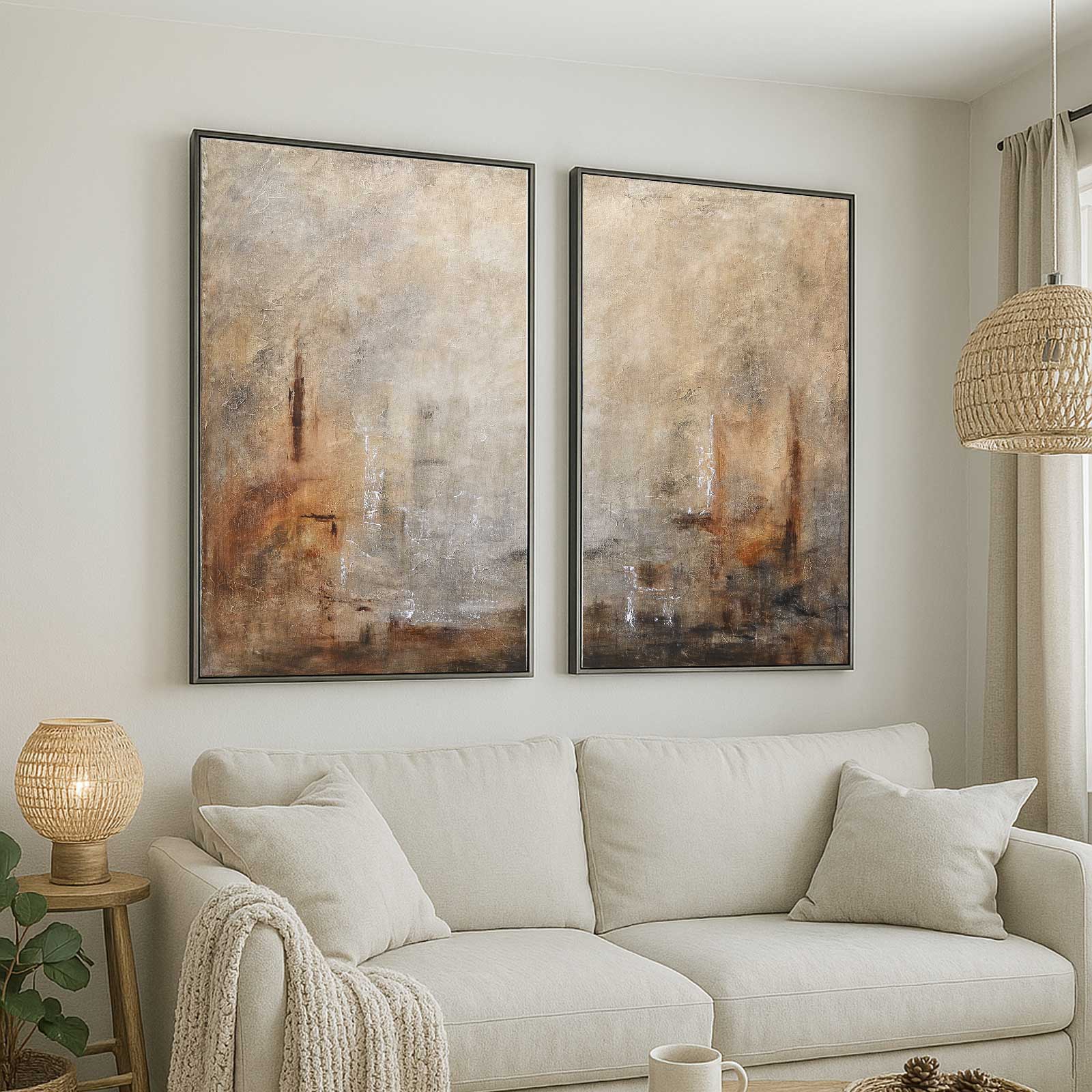 Diptych Art above couch Wabi Sabi Abstracts Set Of 2 Paintings