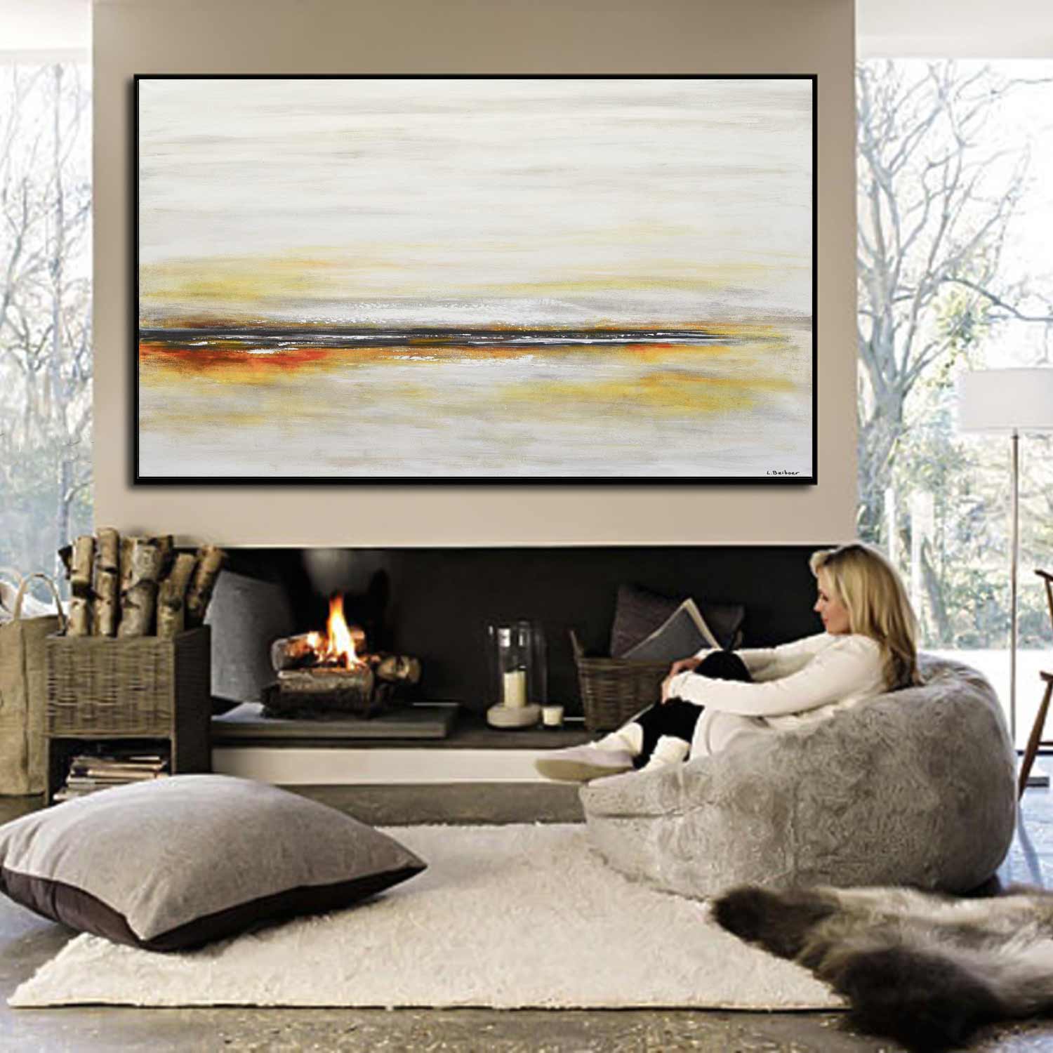 Beige Yellow Clean Light Minimal Painting Beach Scene Large Artwork