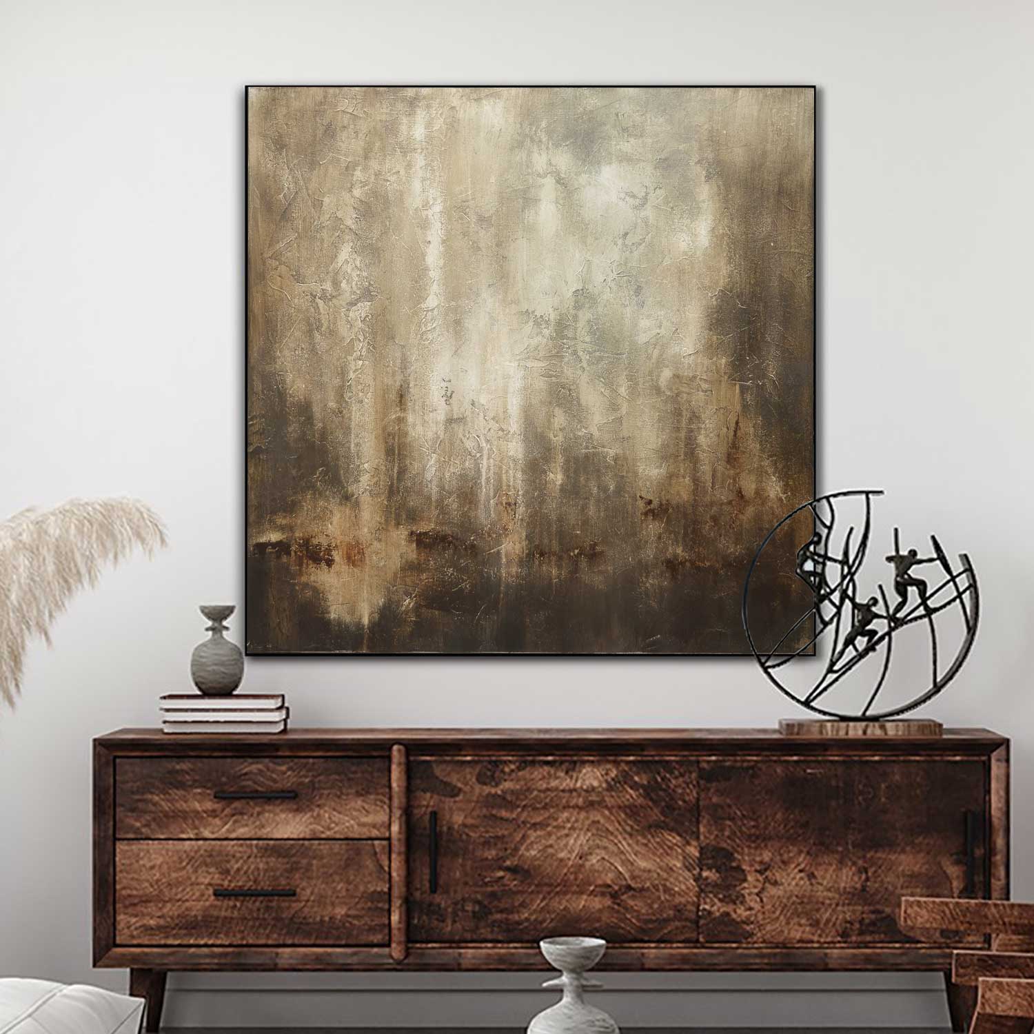 Large Brown Painting Square Wabi Sabi Abstract Framed Art