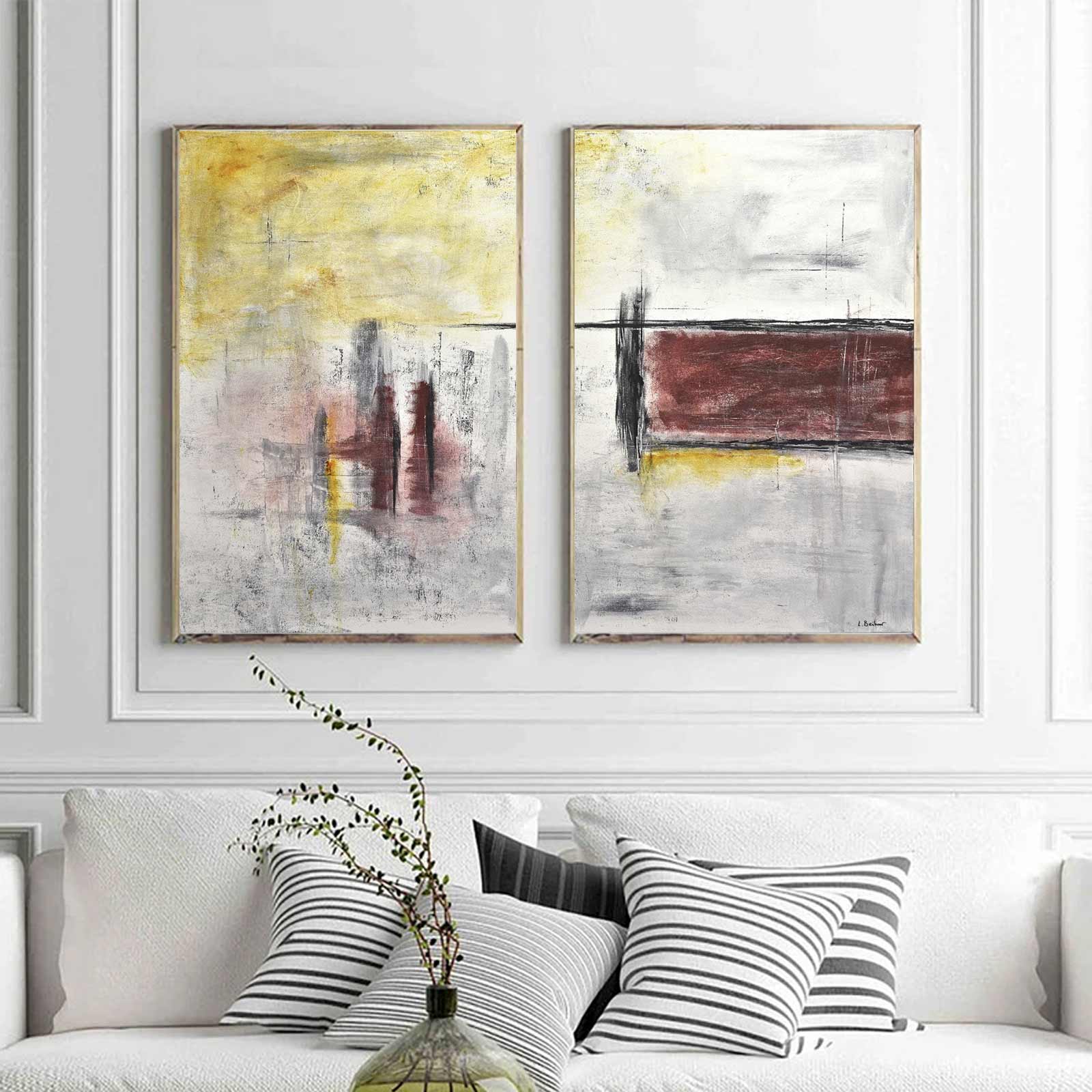 Contemporary artwork Abstract Set of Two Canvas Red Yellow
