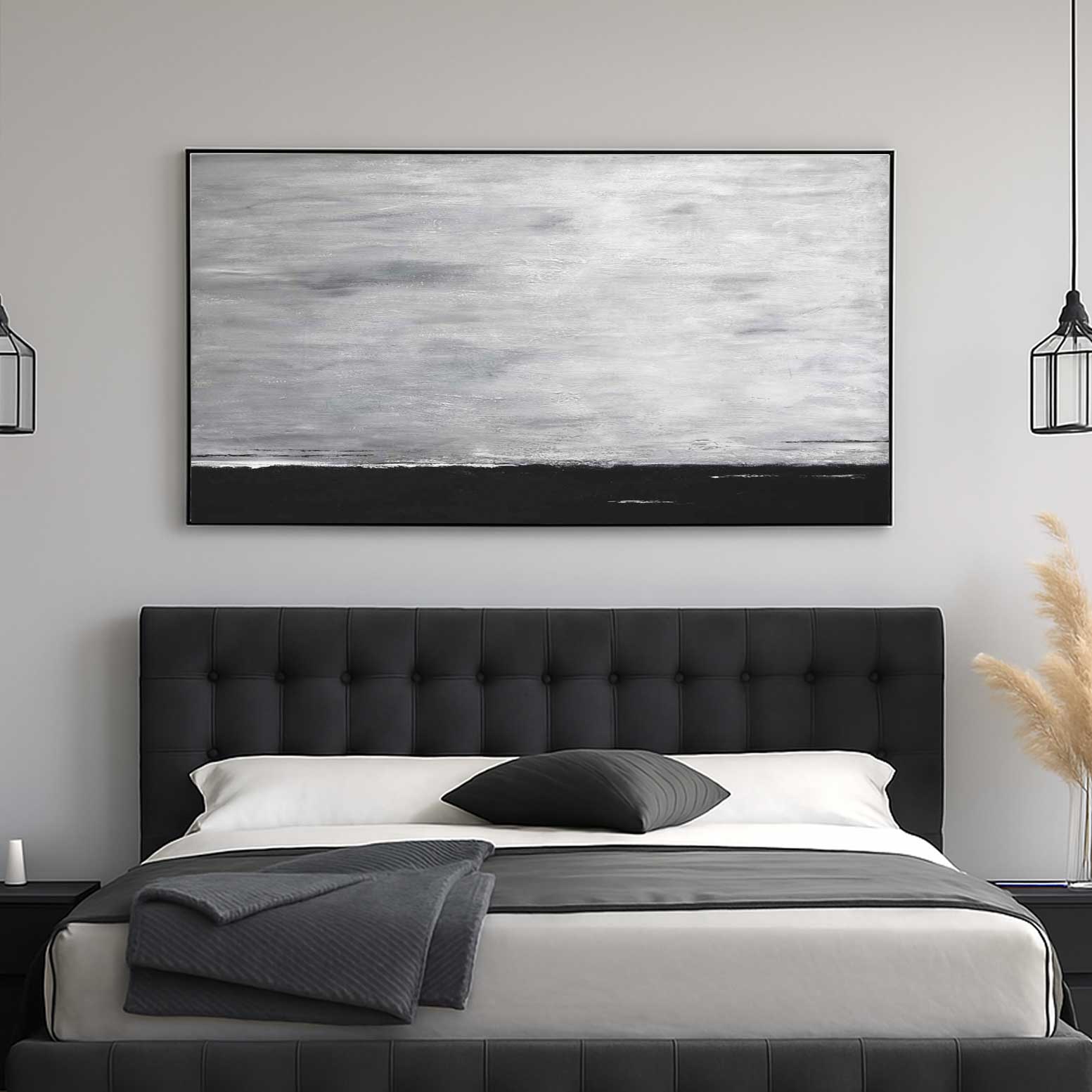 Gray Black Landscape Painting Gray Sky Framed Art above bed