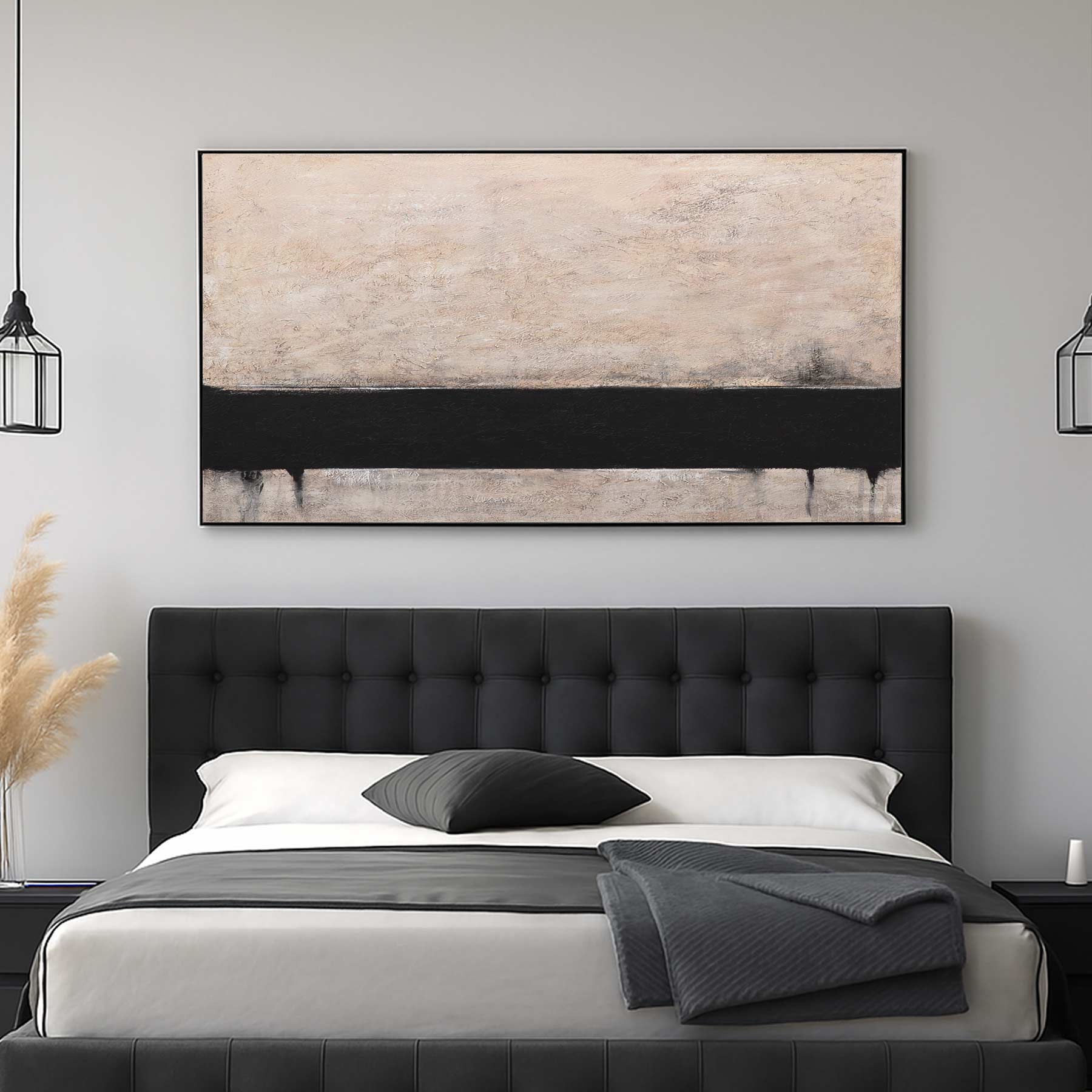 bedroom art Black Band Beige Abstract Wabi Sabi Painting Modern Wall Decor