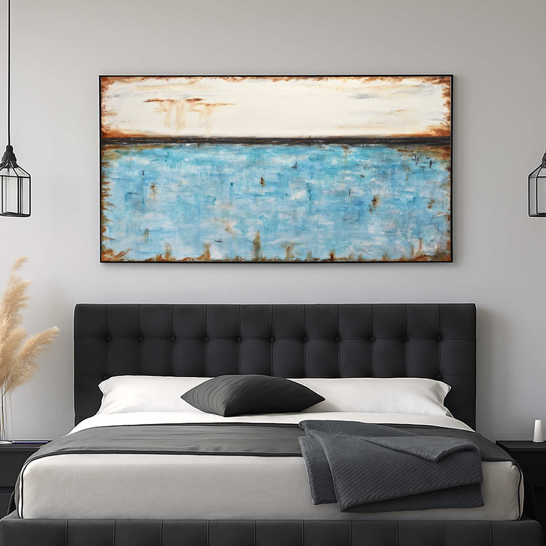 Blue Turquoise Wide Framed Abstract Painting Above Couch "Live Forever"