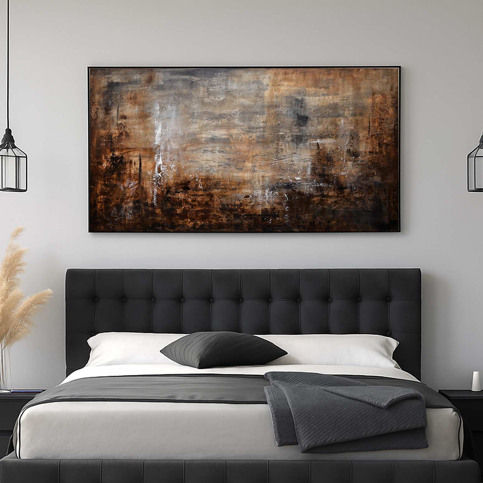 Modern bedroom with a gray upholstered bed and abstract wall art.