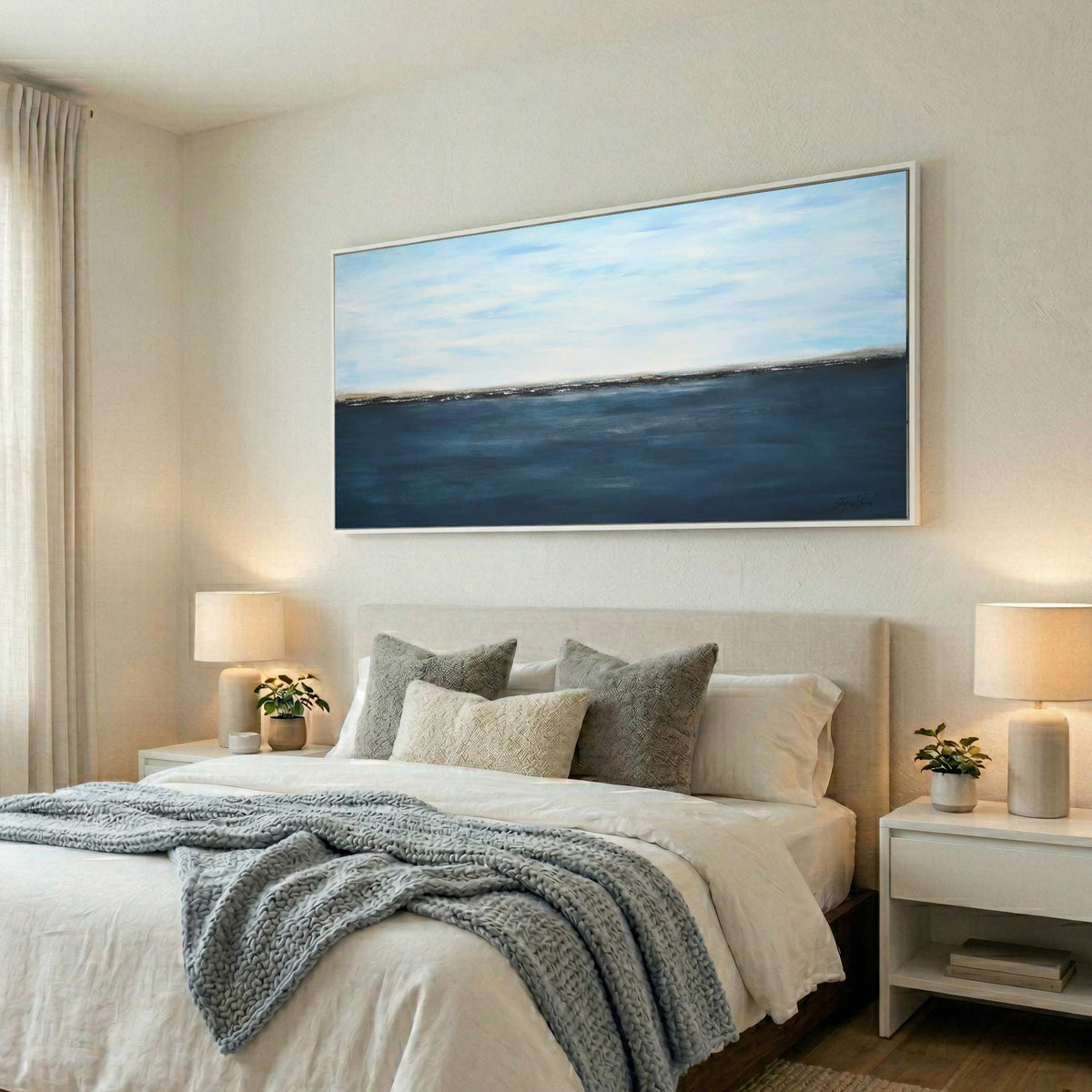 Coastal Painting Original Handmade Interior Design Panoramic Art white float frame