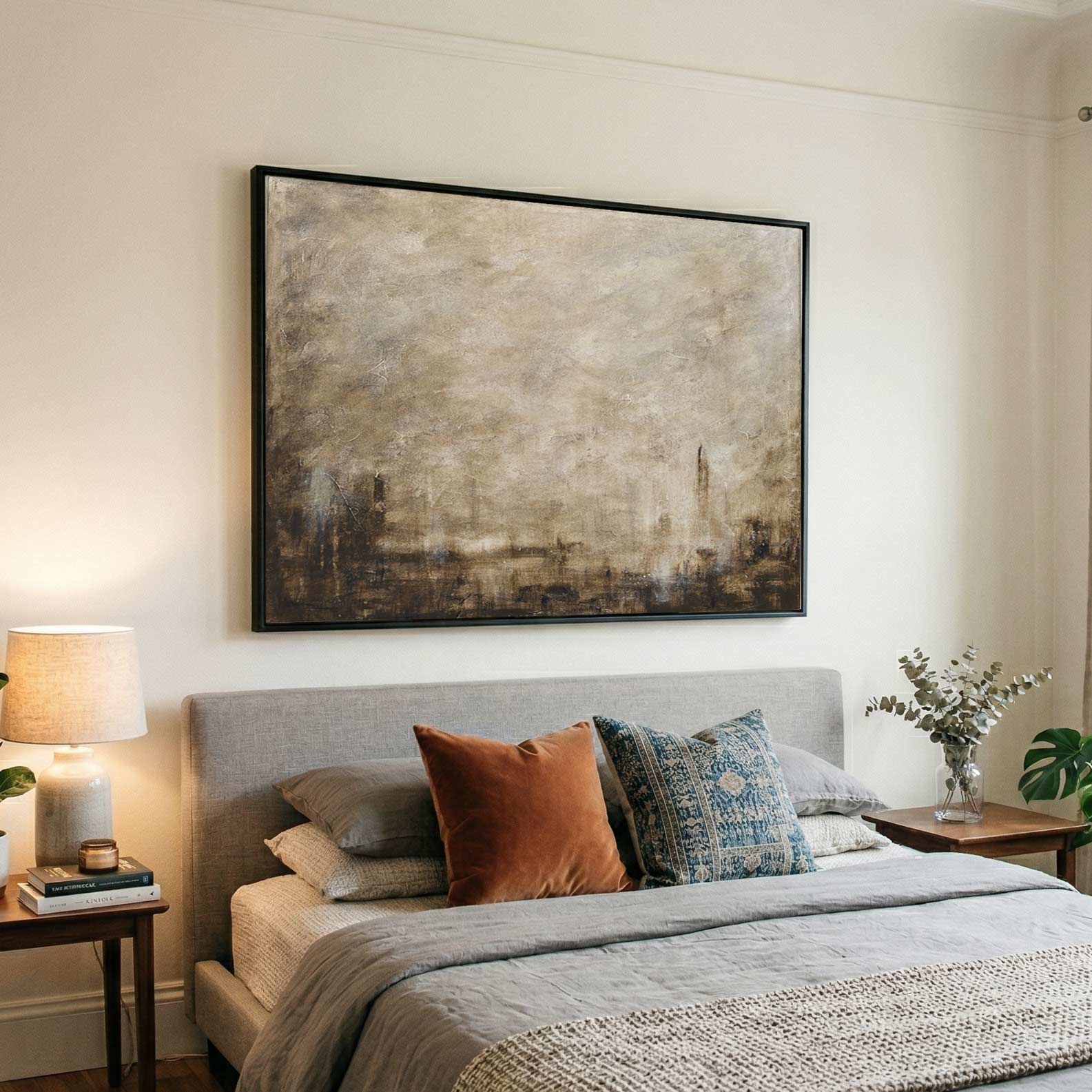 bedroom Earth Tone Painting Muted Neutrals Calming Horizontal Wall Art
