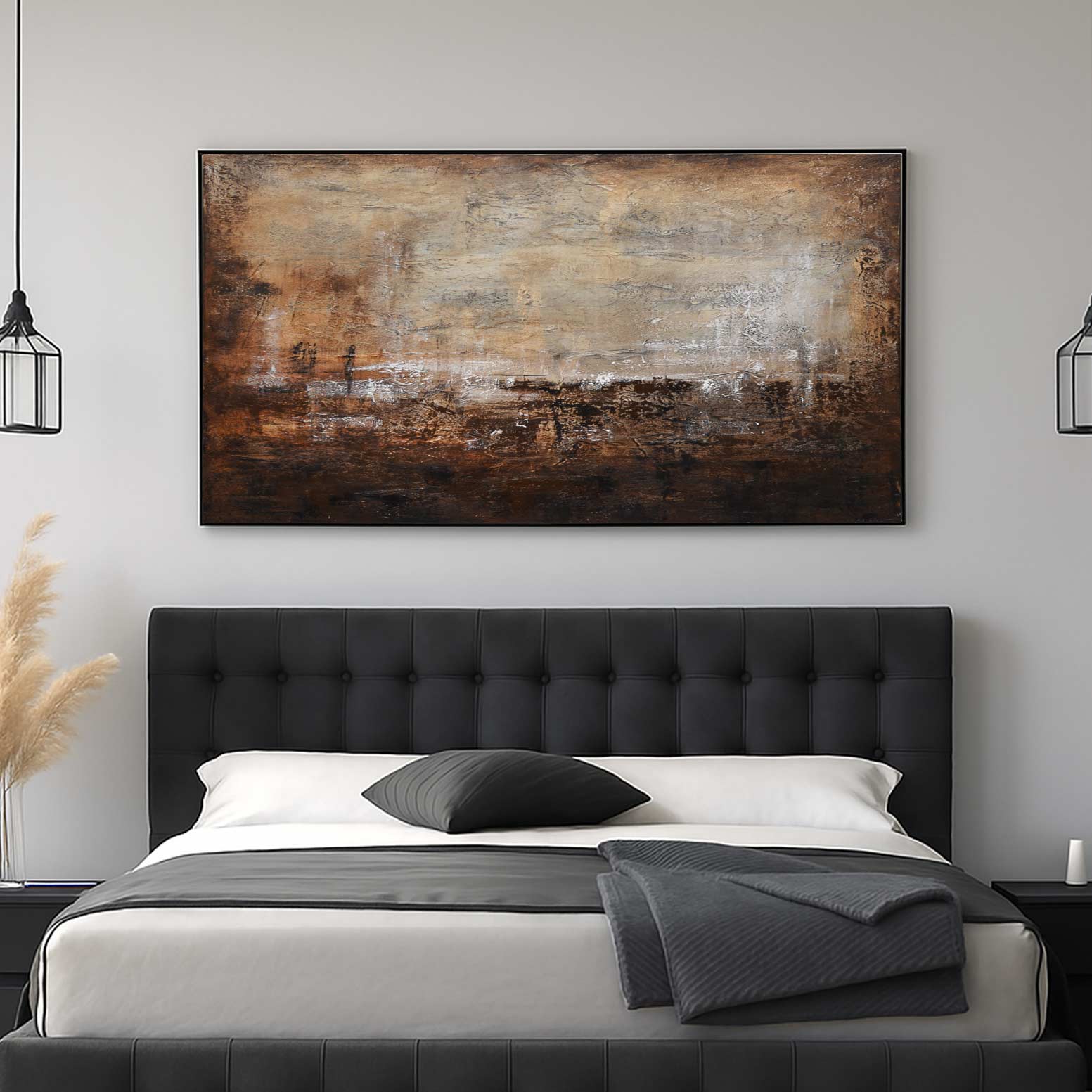 Modern bedroom with a bed, abstract painting, and decorative elements.