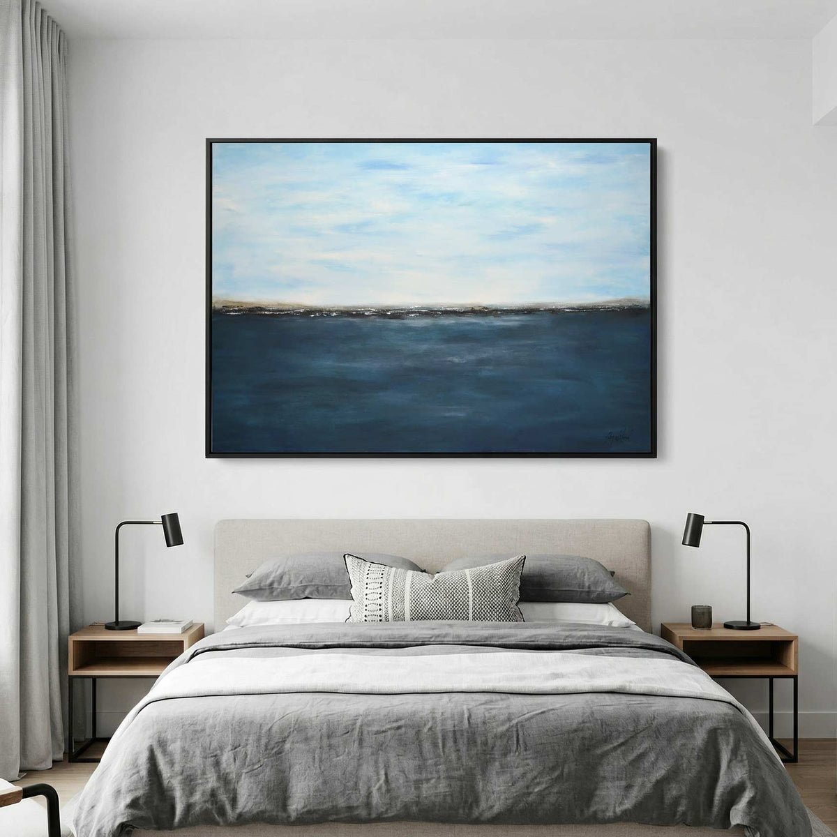 Deep Blue Seascape Painting Handmade Art On Canvas American Artist above bed