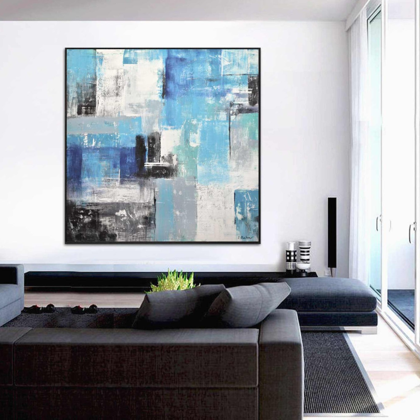 Geometry Big Artwork Home Decoration Painting Cyan Square Abstract