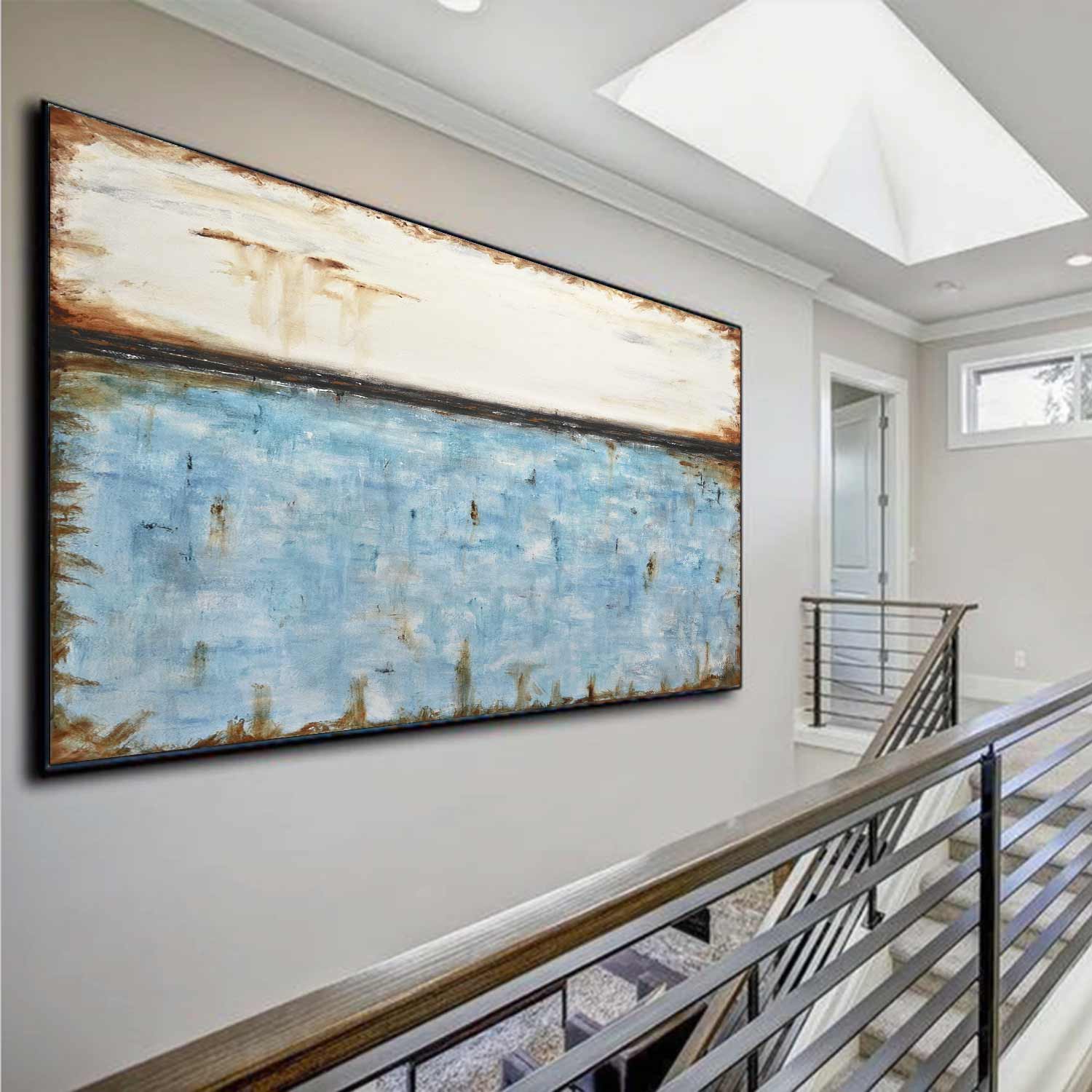 Blue Turquoise Wide Framed Abstract Painting Above Couch "Live Forever"