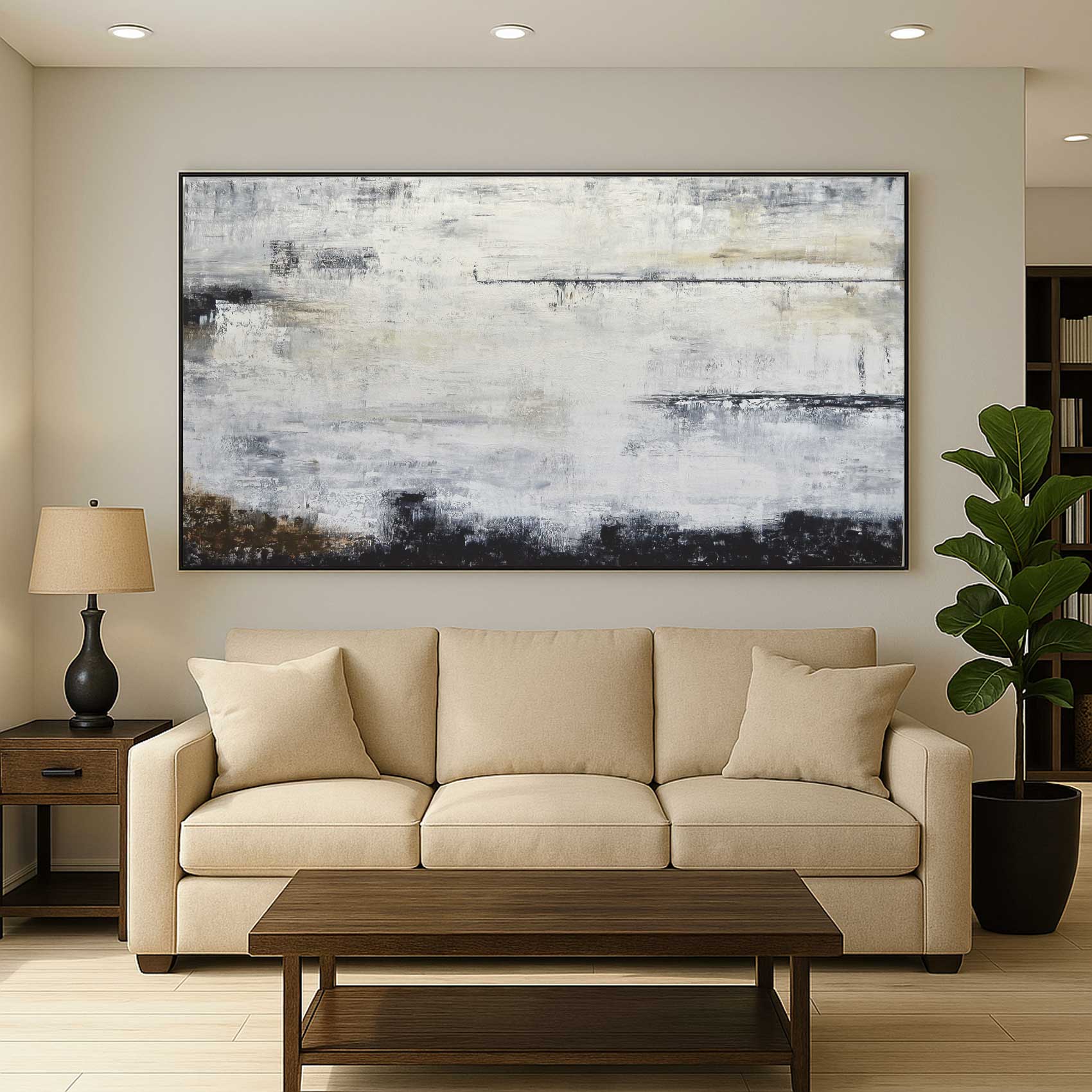 Long Wide Brown Gray Contemporary Painting above couch