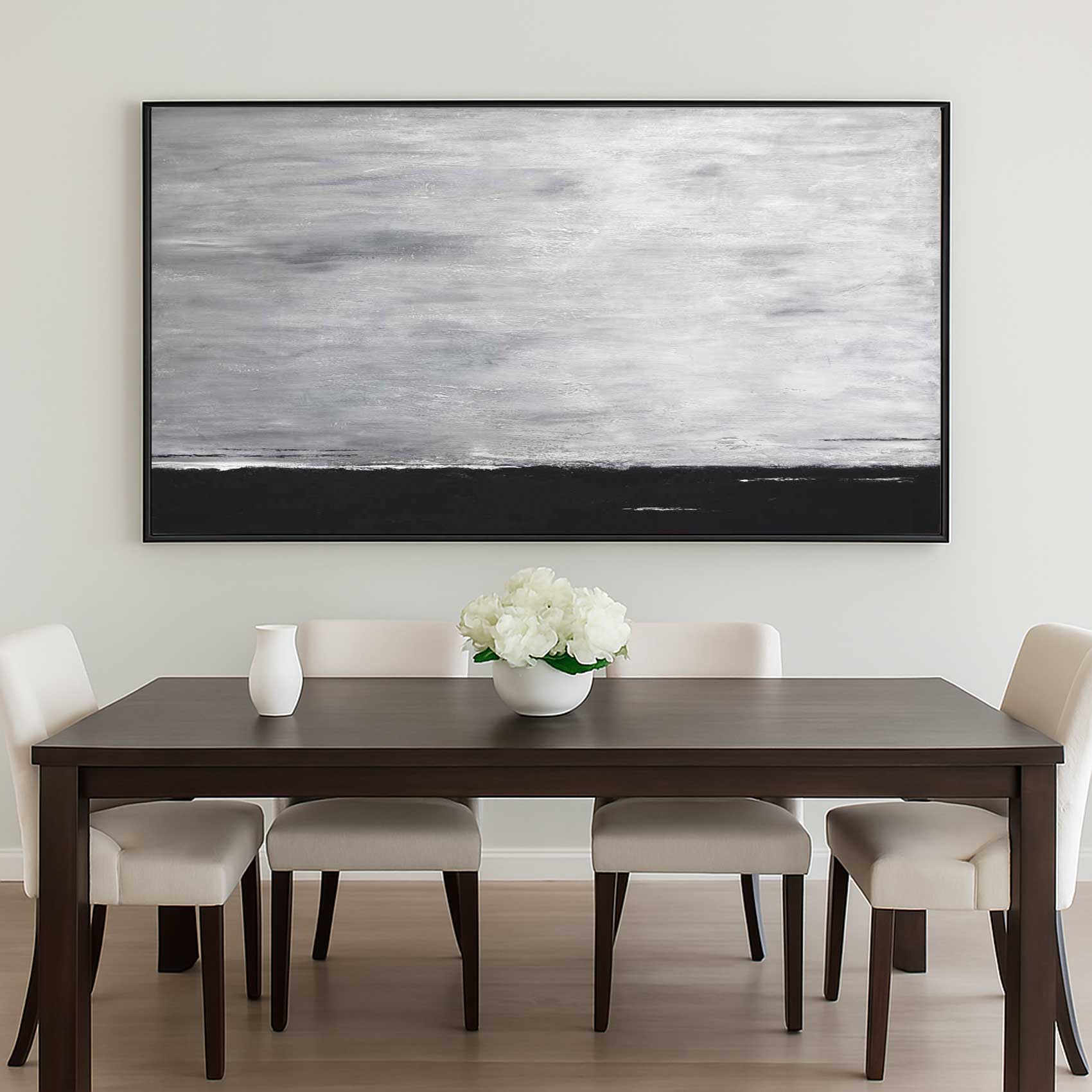 Gray Black Landscape Painting Gray Sky For dining room Framed Art