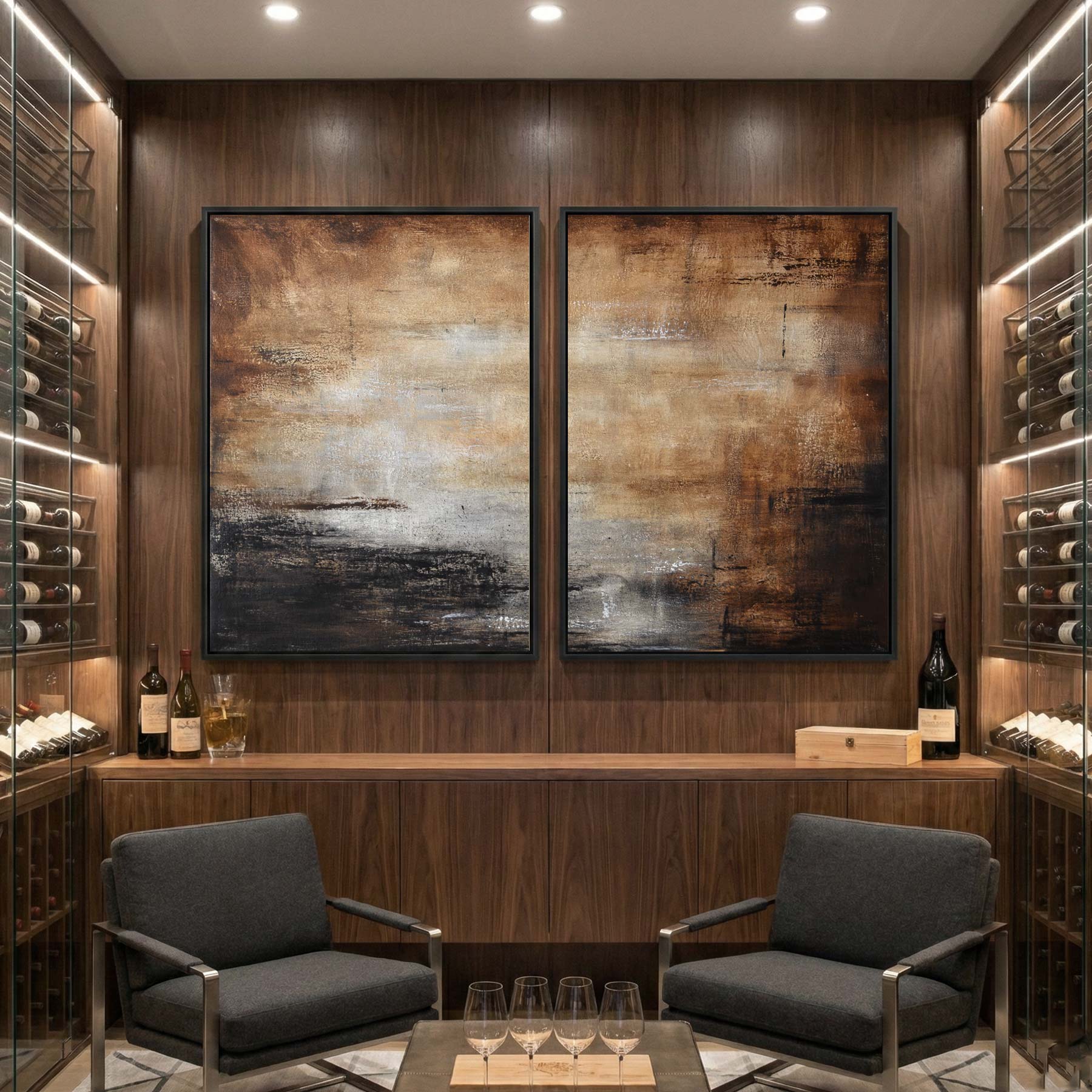 Diptych Art For Office Wall 2 Piece Brown Abstracts American Artist wine cellar