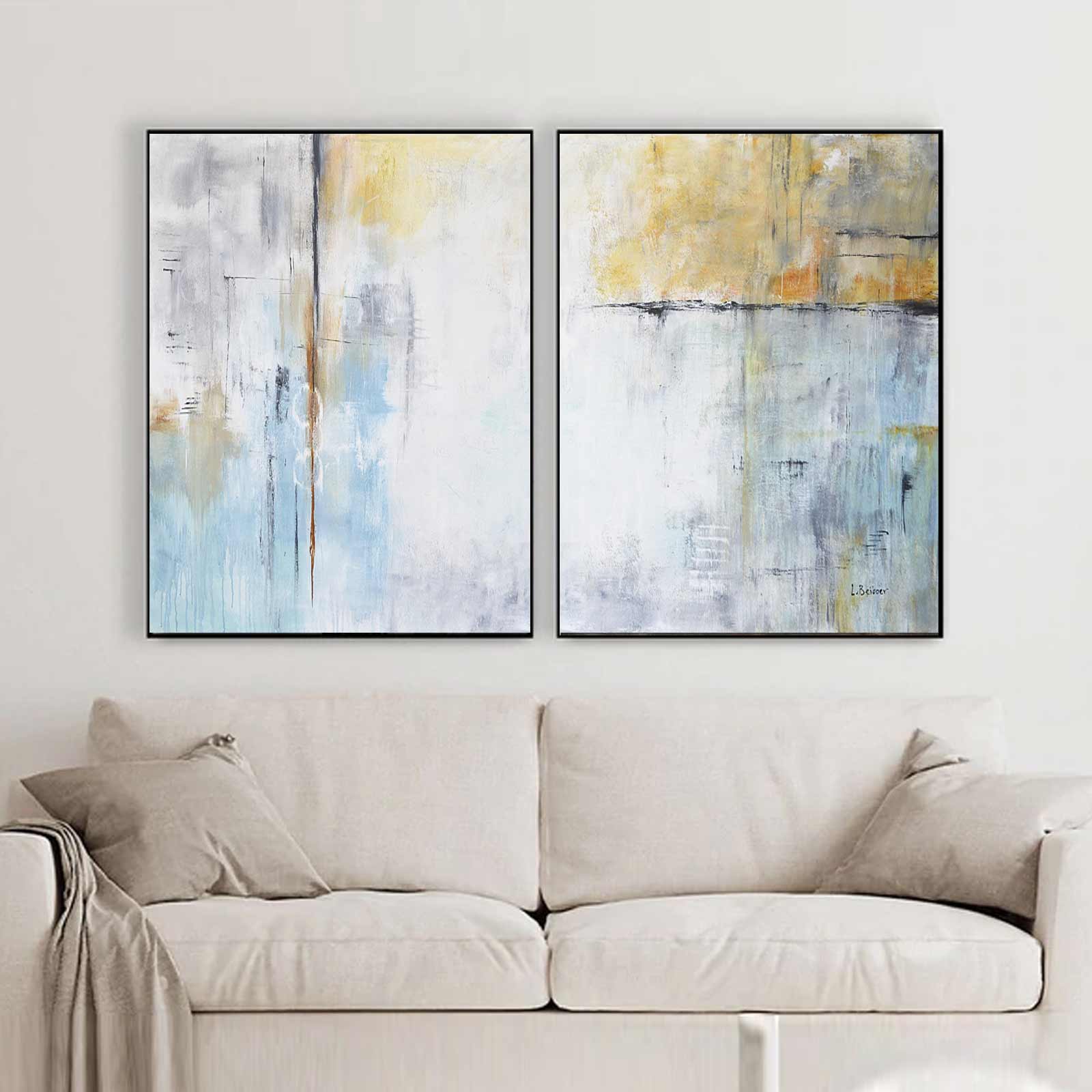 Set Of 2 Paintings On Canvas Contemporary Abstract Large Art above couch